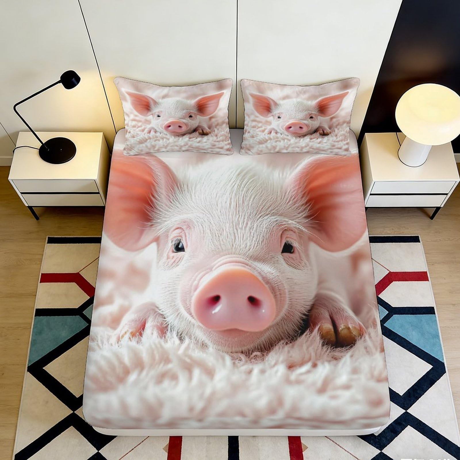 3D Printed Cute Pig Fitted Sheet Microfiber Anti-Slip Pink Piglet Bed Cover for Bedroom Guest Room Decor Easy Care 90x200x25cm