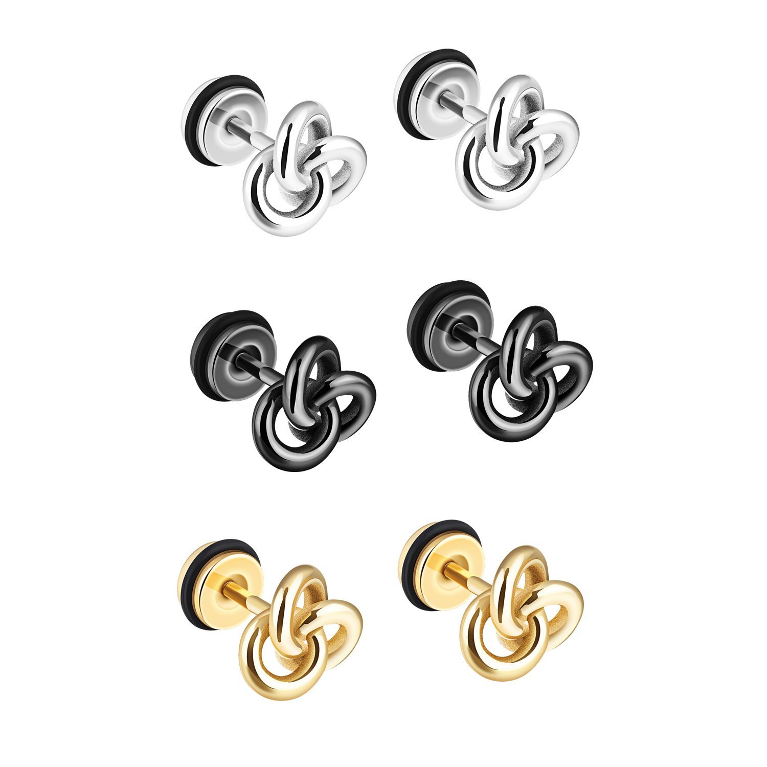 TEMICO1-3 Pairs Silver Black Gold Tone Stainless Steel Twist Love Knot Post Stud Earrings For Men Women