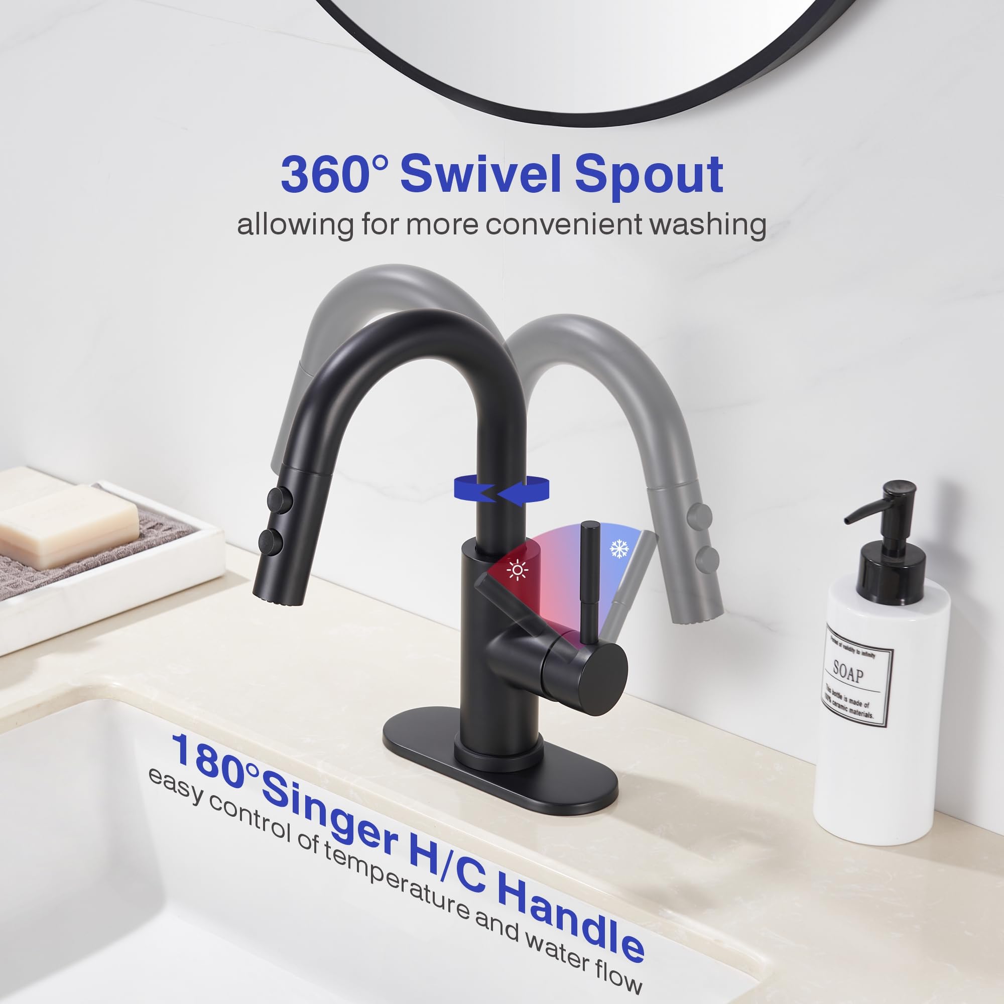 Matte Black Bathroom Faucet with Sprayer -3