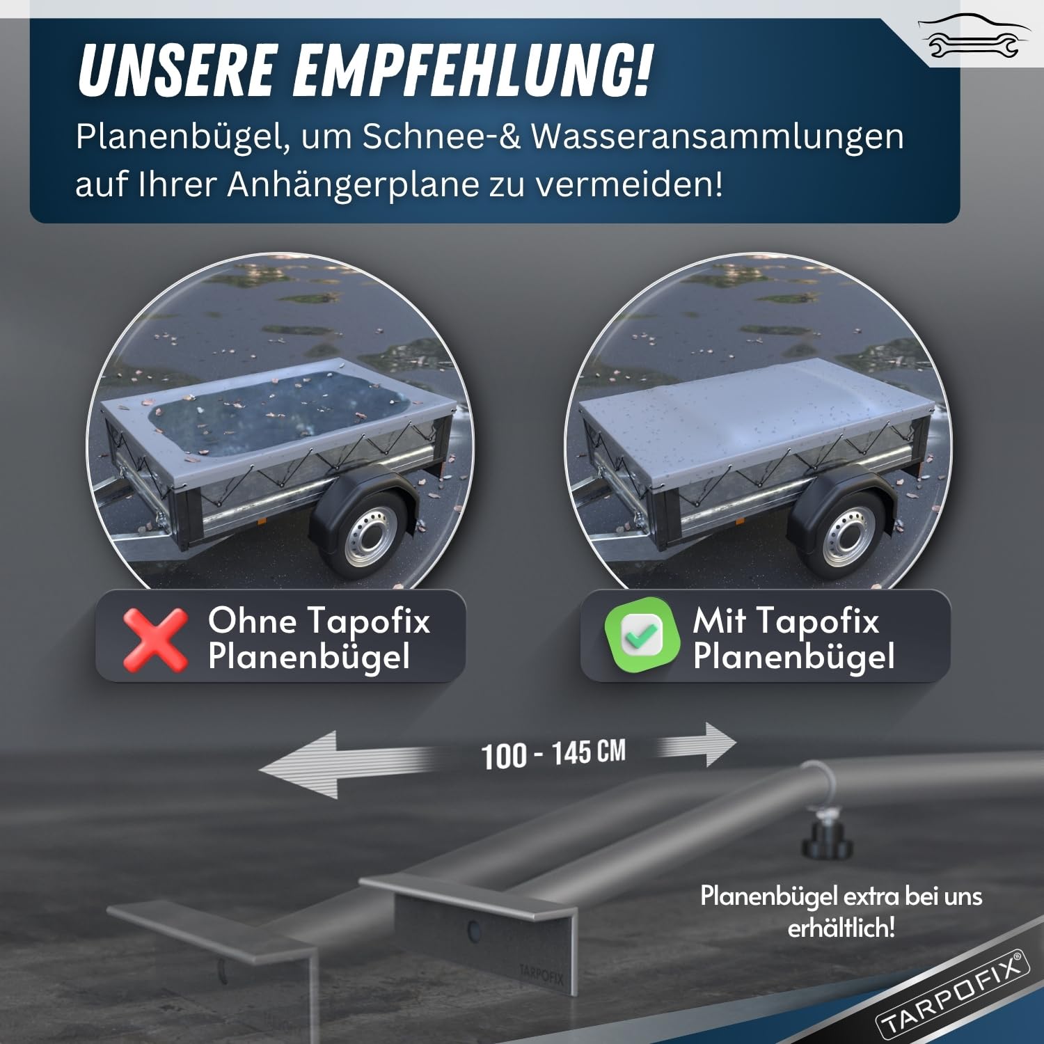 Tarpofix® Anhänger Plane 217 x 117 cm mit Planenseil | Flachplane aus PVC Planenmaterial | Verstärkte Unsinn Plane für 750kg PKW Hänger | Abdeckung | Grau