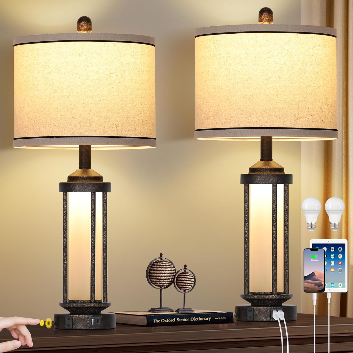 27" Farmhouse Industrial Table Lamps, Vintage Rustic Retro Beside Lamps with USB A+C Charging Ports & AC Outlet, Modern Nightstand Lamps with Glass LED Night Light for Living Room Bedrooms End Table