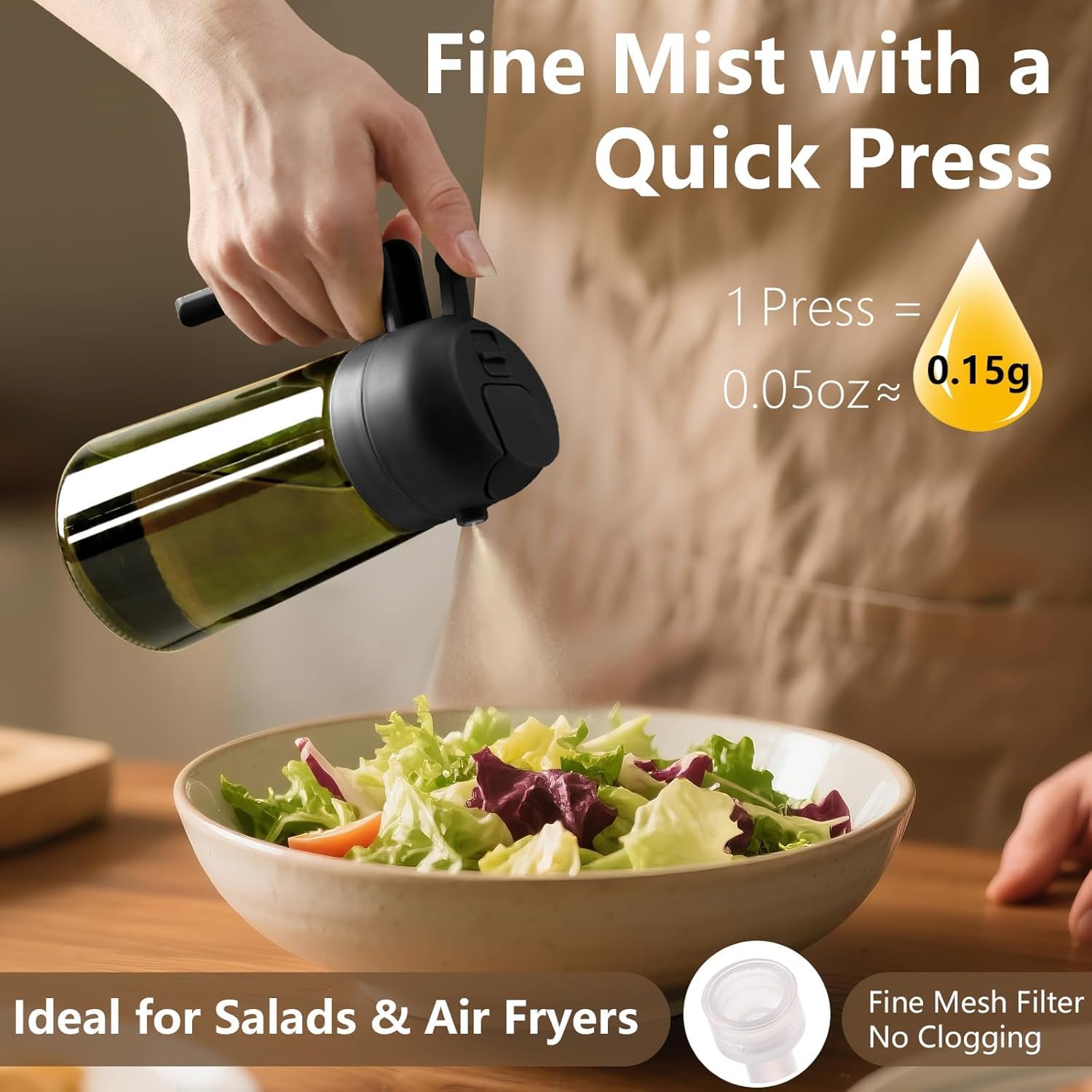 SWEET VIEW Aceitera Spray Pulverizador y Dispensador Aceite, vertedor de aceite de vidrio a prueba de luz de 470 ml para cocina, freidora de aire, cocina, ensalada y barbacoa