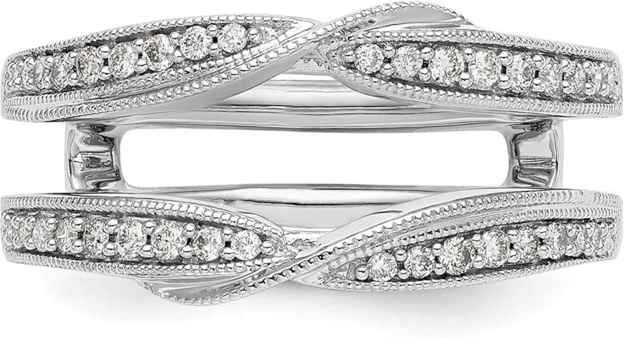 Created Diamond Antique Style Ring Guard in Solid 925 Sterling Silver, Beaded Milgrain Twisted Enhancer Wedding Band, Curved Wrap for Round & Oval Solitaire Rings