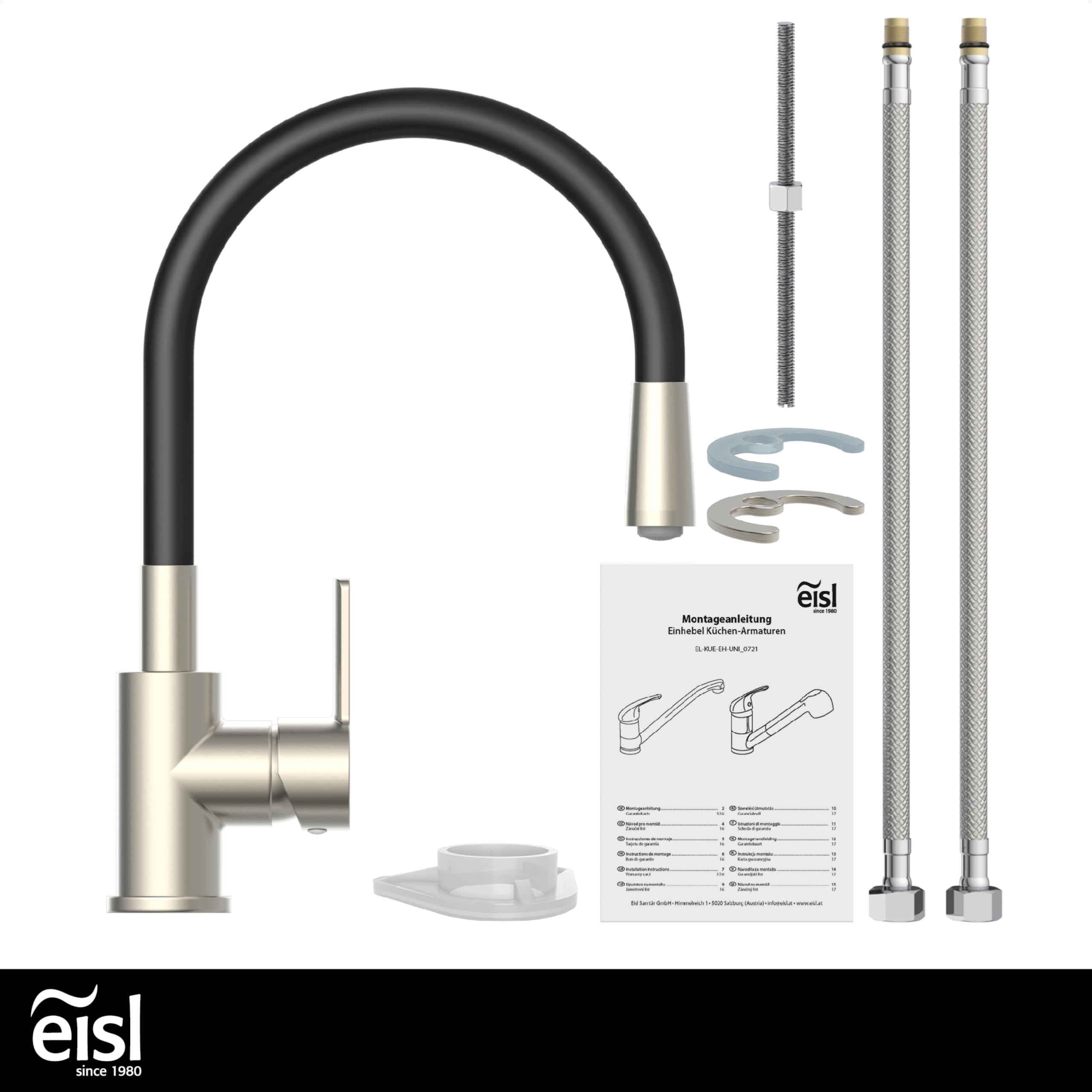 EISL Flexo NI186FLNIB Robinet d'évier de cuisine flexible en acier inoxydable/noir, bec haut avec tuyau doux au toucher, orientable à 360 degrés, économie d'eau