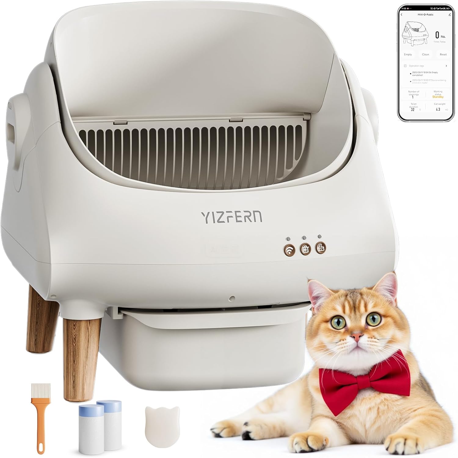 YIZEFERN Self Cleaning Cat Litter Box, Automatic Cat Litter Box with App Control, Open Top Design Self Cleaning Box for Multiple Cats, Safety Protection, Waste Bags & Bursh (Wooden)