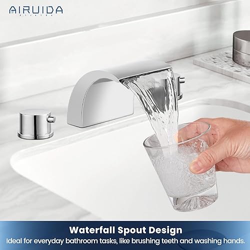 Miniatura 2 de Airuida Grifo de lavabo de baño generalizado en cascada, grifo de baño de 8 pulgadas, pulido cromado con drenaje emergente, 2 manijas y 3 agujeros,