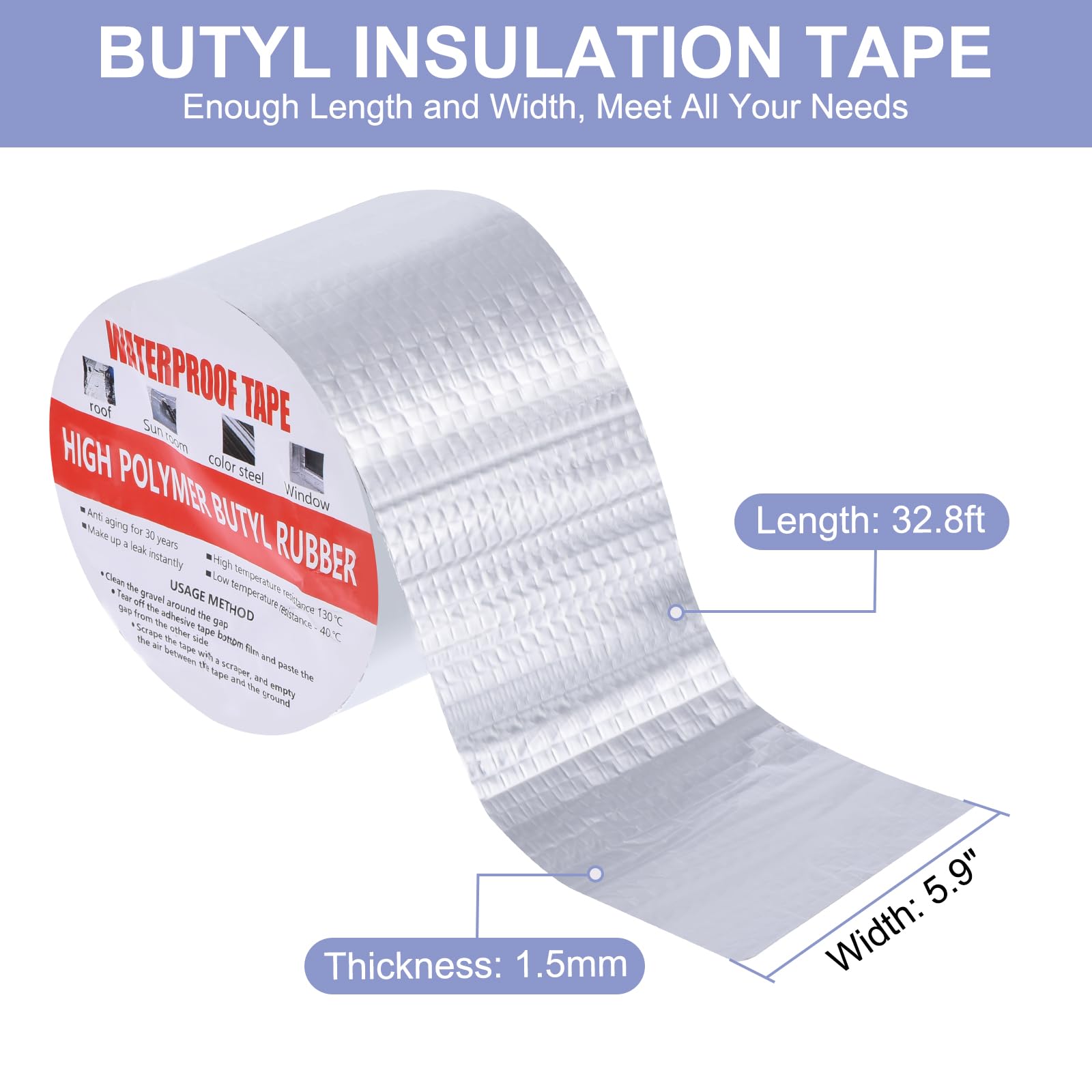 PATIKIL Cinta Impermeable para Exteriores de Butilo, 32,8 Pies x 5,9 Pulgadas, Cinta de Aluminio para Sellar Fugas de 1,5 mmde Grosor para La Fijación de Canalones, Filtraciones