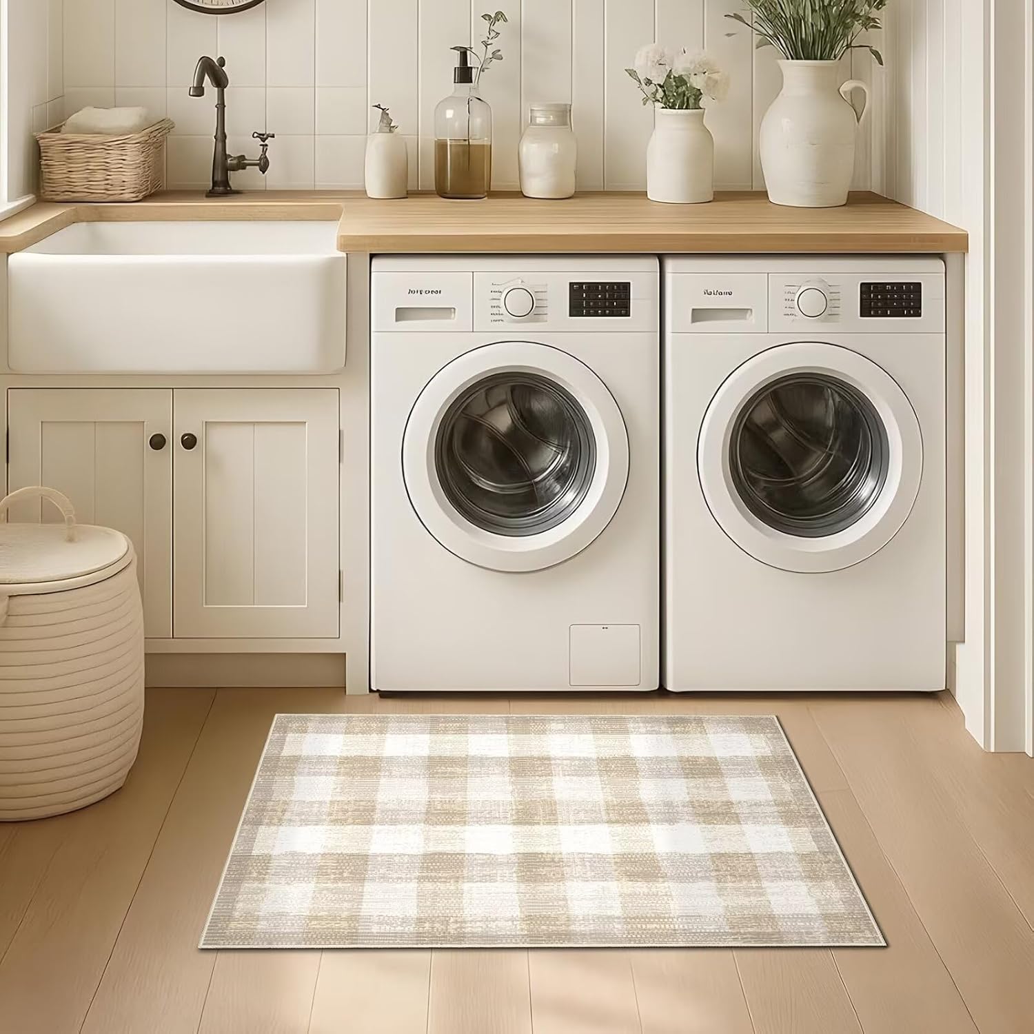 COLORPAPA Checkered Area Rug 2x3, Washable Rugs for Living Room, Modern Neutral Non Slip Indoor Carpet for Bedroom Office Patio Dining Room (Beige) - Image 5