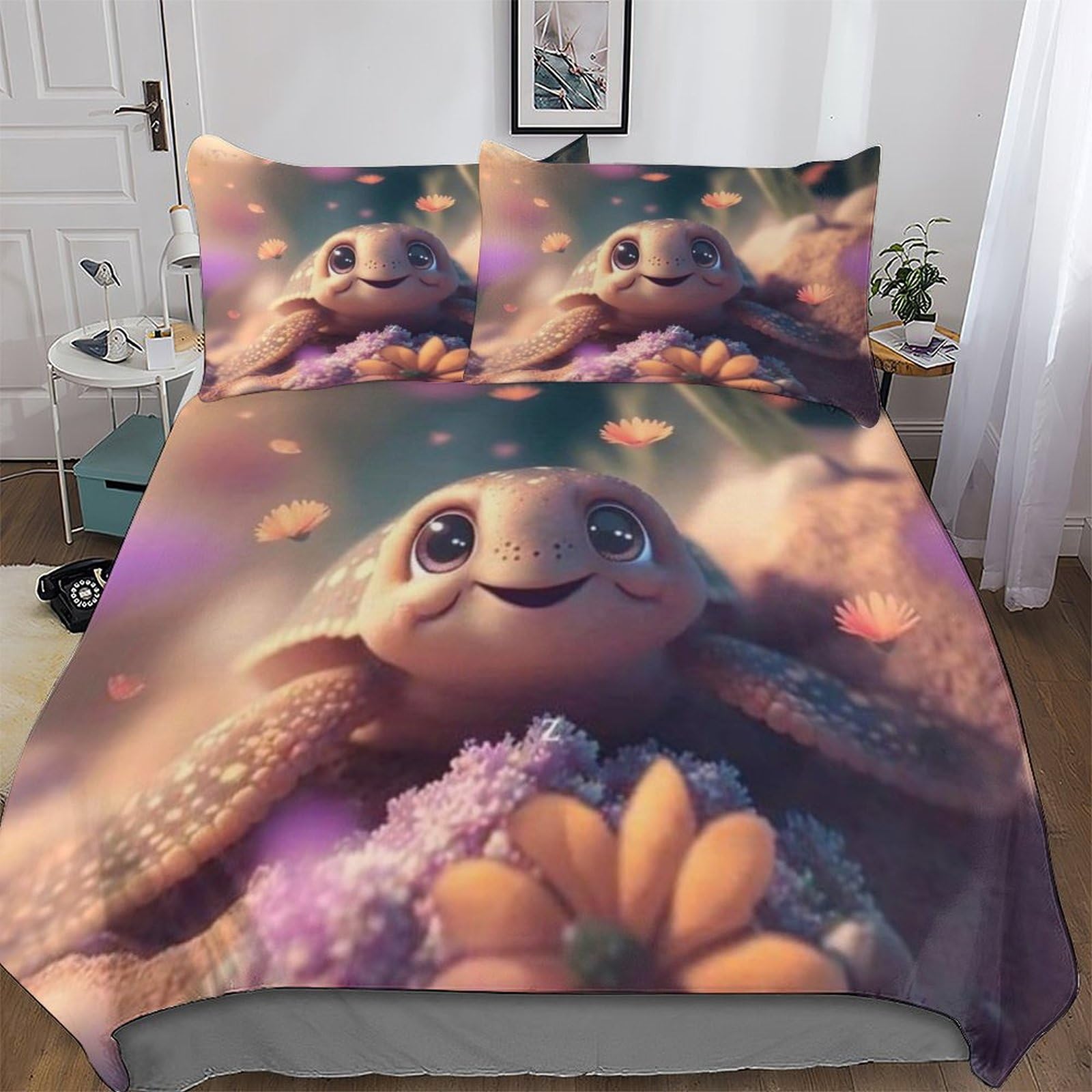Housse de couette tortue 200x200 parure de lit en microfibre avec 2 taies d'oreiller