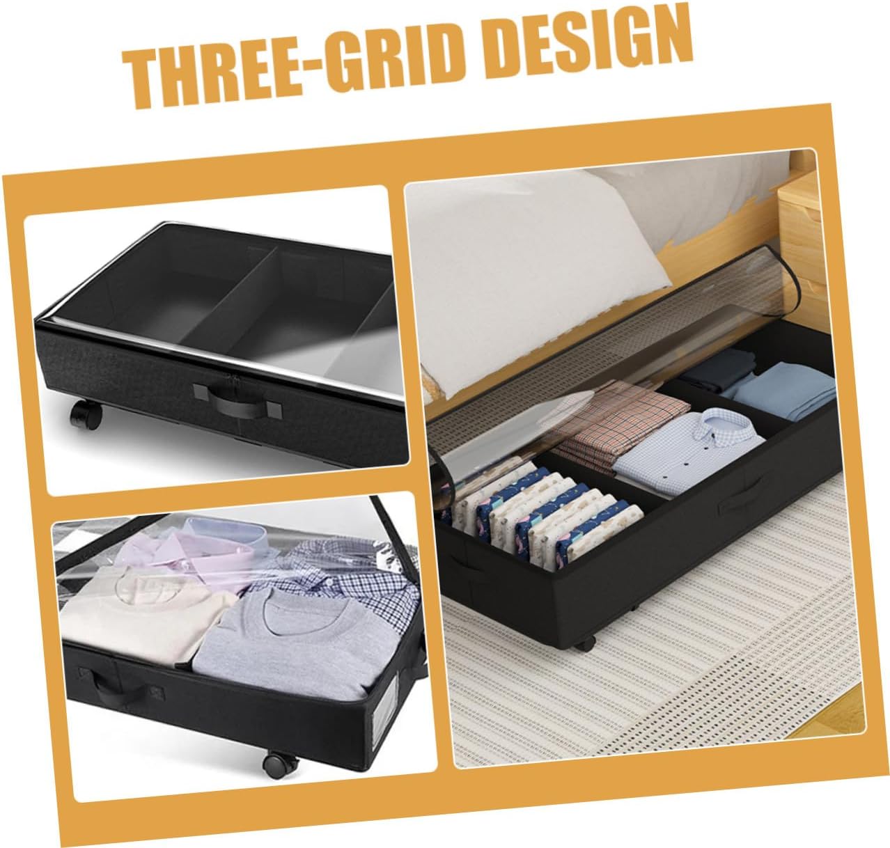 Bed Organizer Storage Bin with Wheels, Large Capacity Oxford Fabric 3-grid Clothes Storage Container, Dustproof Clothing and Organizer for Bedroom