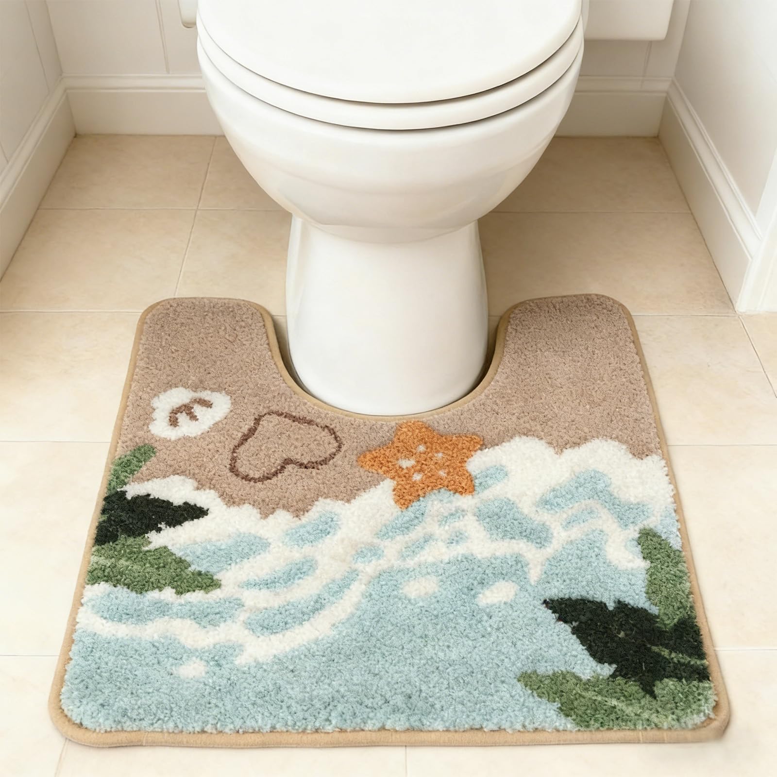 Beach-Themed U-Shaped Toilet Mat, Coastal Non-Slip Bath Rug with Wave Design & Footprints, Soft Absorbent Microfiber Floor Mat for Toilet Base, Machine Washable Bathroom Decor 22x20in (Beach-Toilet)