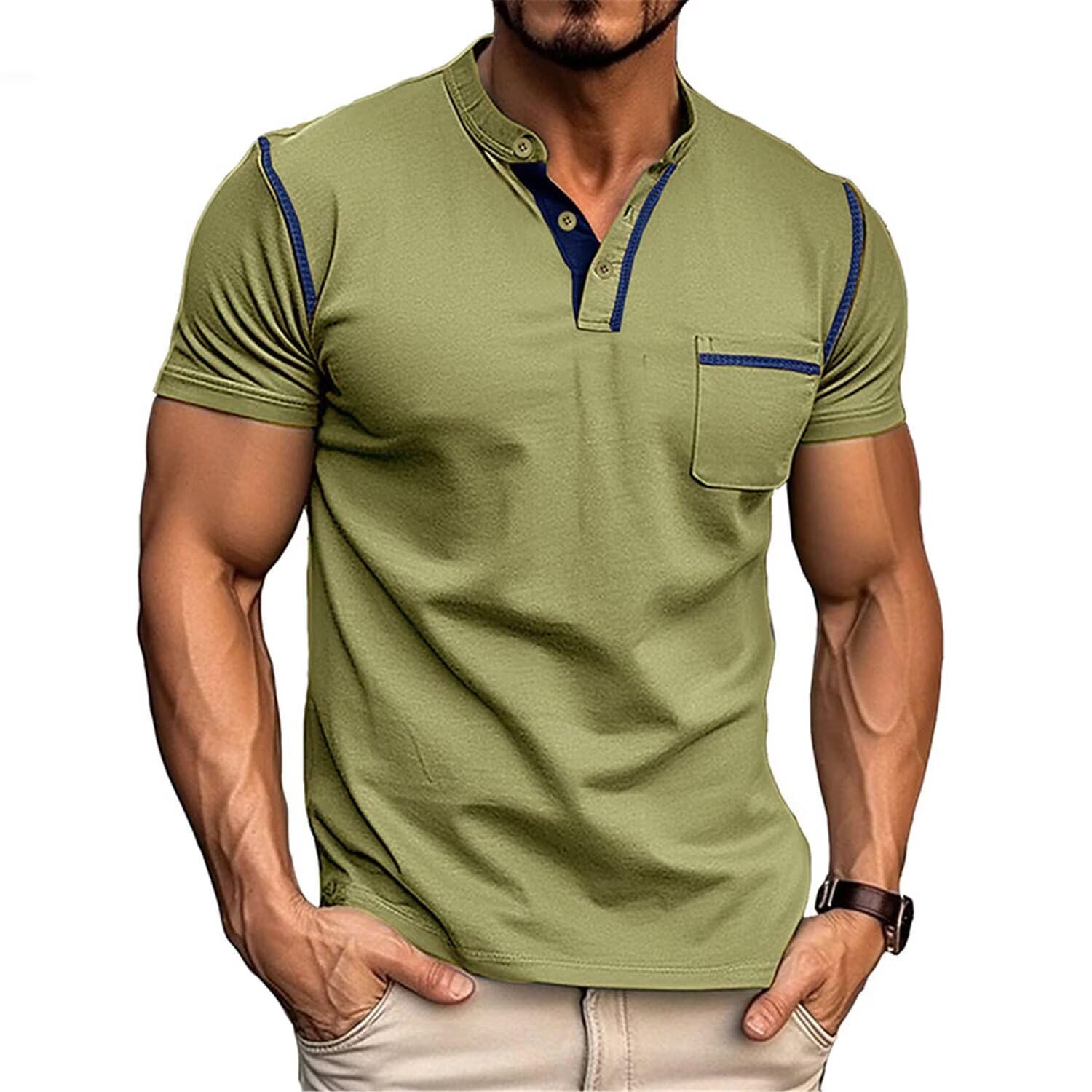 Camisa Henley Ligera de Manga Corta para Hombre, Casual, Elegante, con Botones, de algodón, Verde Claro, Large