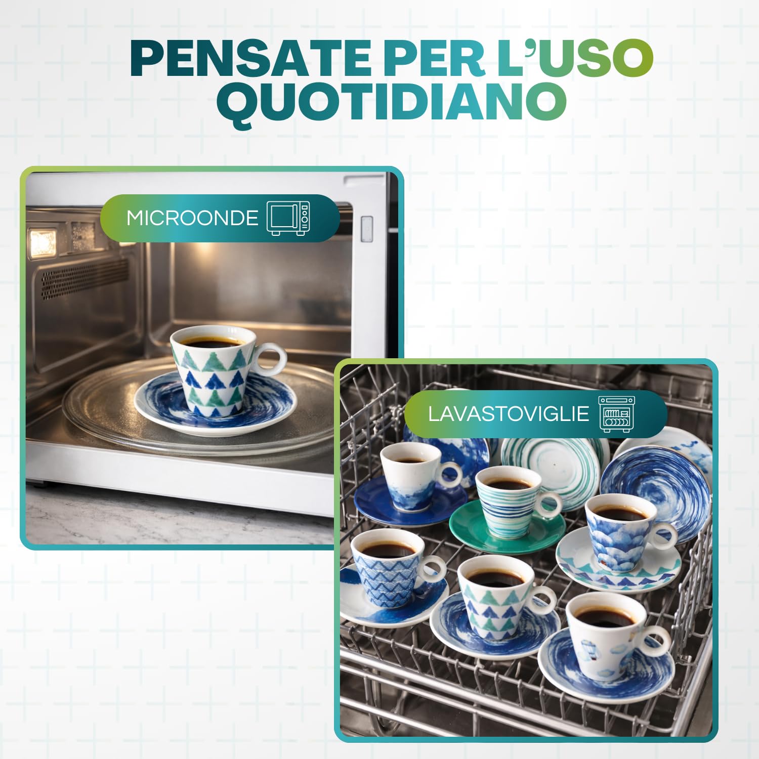 PALUPLUS Set 12 Tazzine Caffè con Piattino in Porcellana da 80 ml, Tazze da Espresso con manico, Lavabili in Lavastoviglie, adatte per Microonde, FANTASIA OCEAN -268