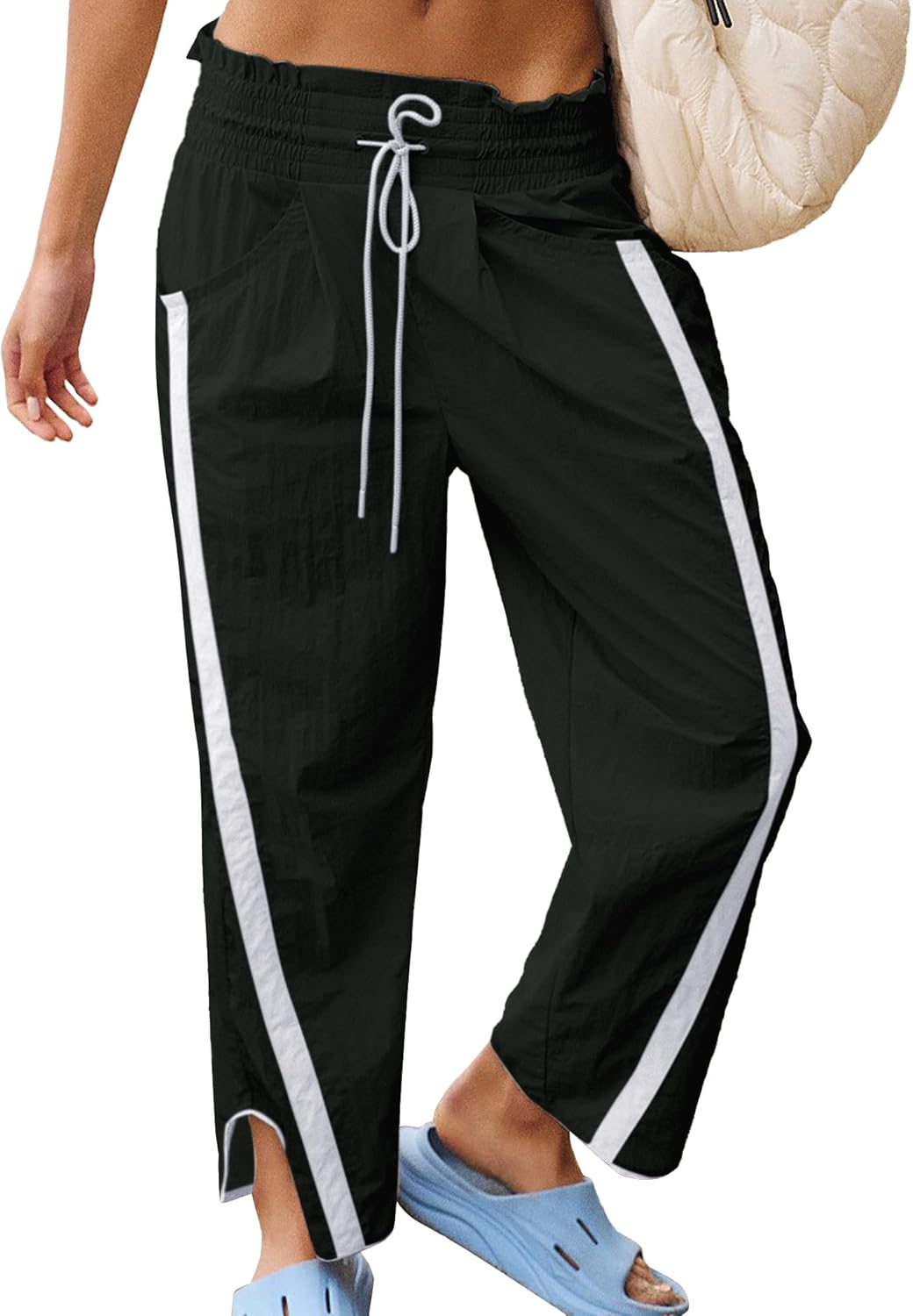 Casual Wide Leg Pants Woman Drawstring Elastic Waist High Rise Strip Flowy Long Lounge Trousers with Pockets