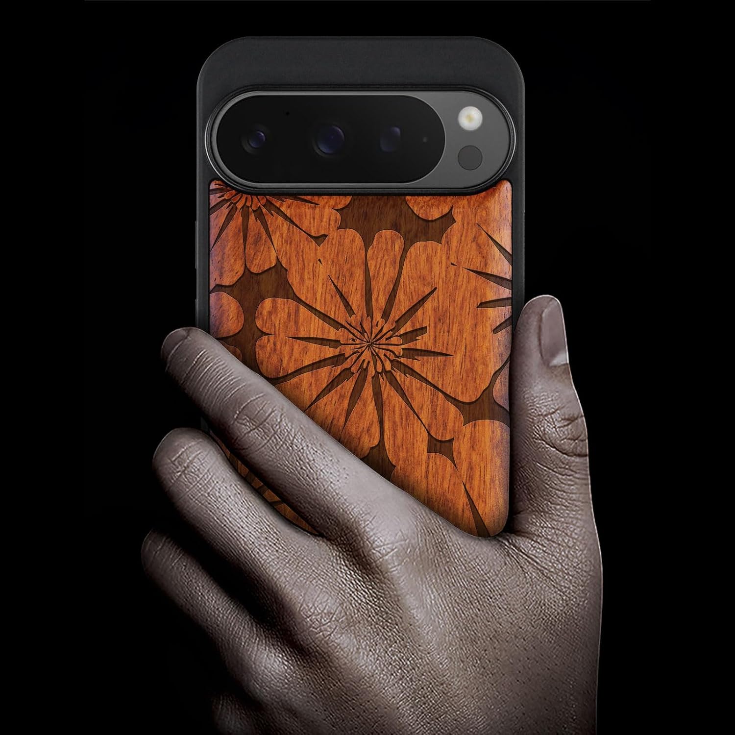 Carveit Magnetic Wooden Case for Google Pixel 9 Pro XL Case, Wood Artisan Engraved & Soft TPU Shockproof Cover, Compatible with MagSafe Wireless Chargers (Floral Radiance) Rosy