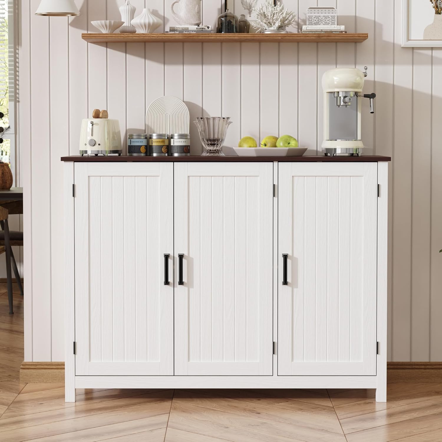 MHOM 47.2" Farmhouse Buffet Cabinet with Storage, Kitchen Sideboard Cabinet with Doors and Adjustable Shelves, Rustic Storage Cabinet for Kitchen, White