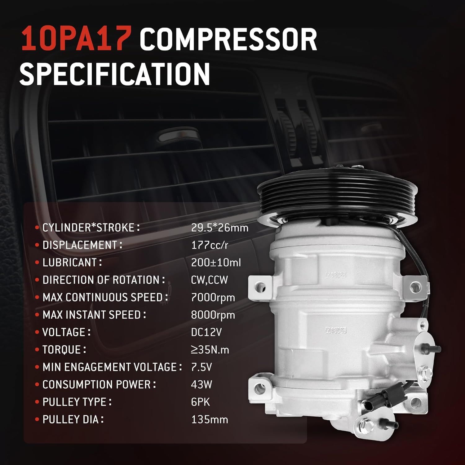 HYR Automotive Air Conditioning Compressor AC Compressor with Clutch Compatible with Acura MDX 2007-2013, ZDX 2010-2013, 3.7L & Honda Odyssey 08-17, Pilot 08-15, Ridgeline 09-14, 3.5L, 6 grooves