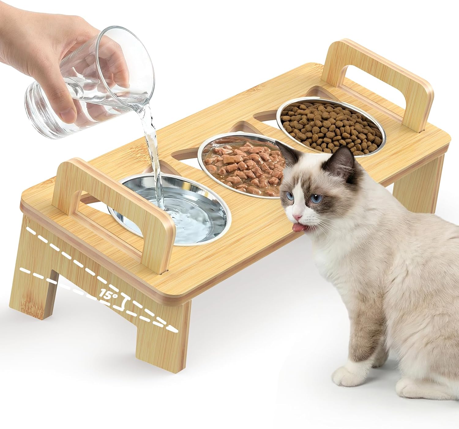 Bamboo Elevated Cat Bowls 3 Stainless Steel Raised Bowls with Stand Tilted Feeding Station for Cats and Puppies