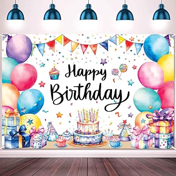 Colorful Birthday Backdrop Banner Large Happy Birthday Party Decorations Supplies Rainbow Balloons Photo Background Wall Banner Indoor Outdoor for Kids Boys Girls 5x3 ft
