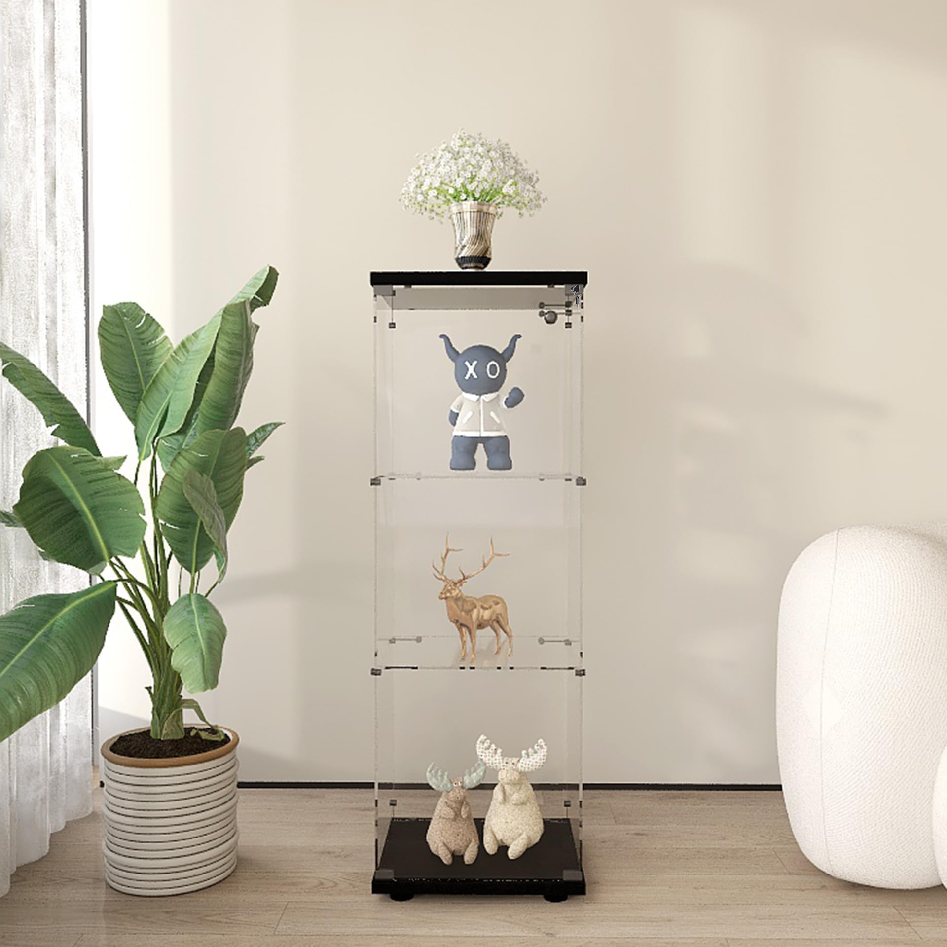 Frameless Glass Display Cabinet, Curio Cabinet Display Case with Lock and Glass Door, Quick-Install Floor Standing Small Showcase Display Shelf for Collectibles, Legos, Figures, Plants