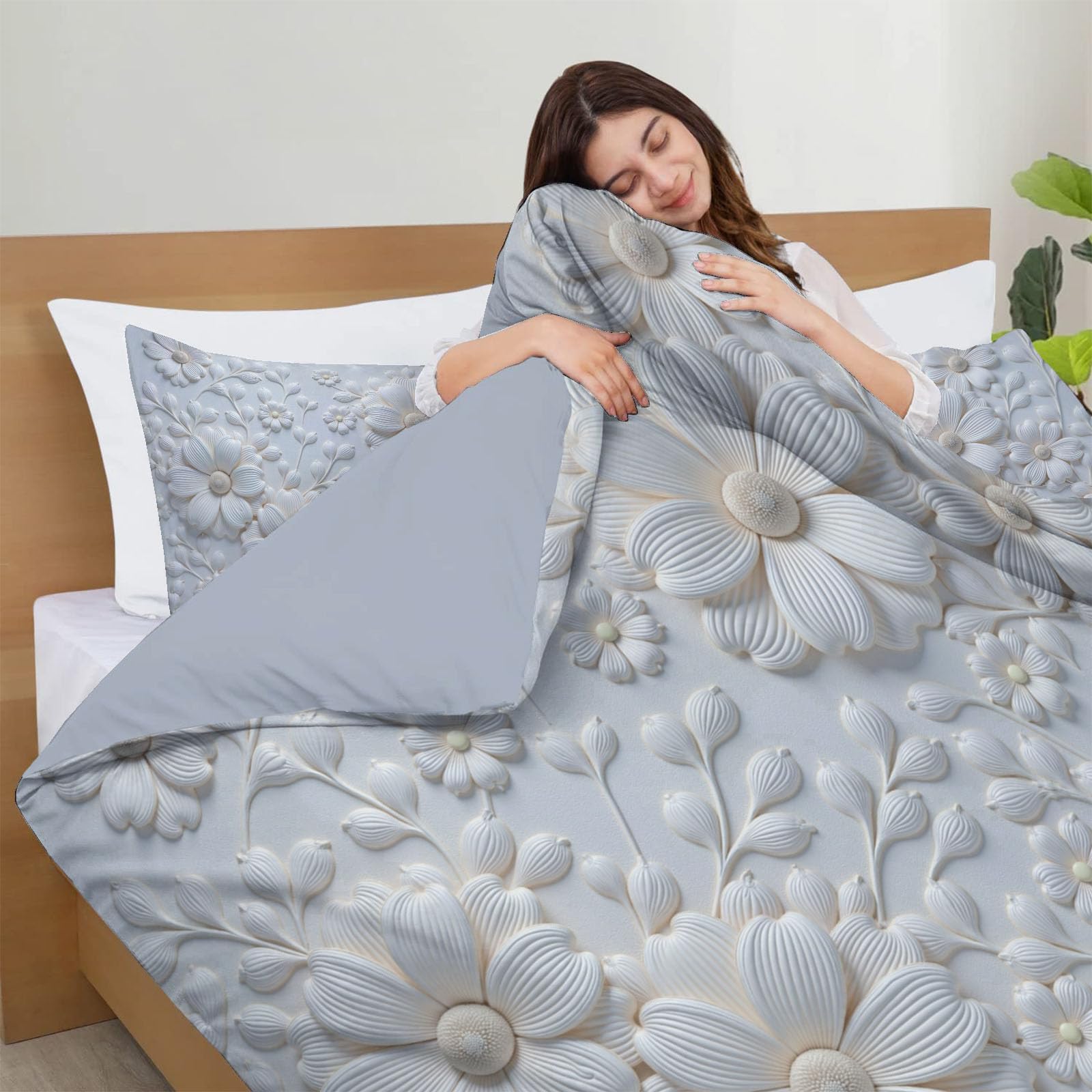 Copripiumino Matrimoniale Fiori Che Sbocciano, Set di Biancheria da Letto Microfibra 3 Pezzi, Parure Copri Piumino 260x240CM e 2 Federa 50x75, Beige Copritrapunta con Cerniera