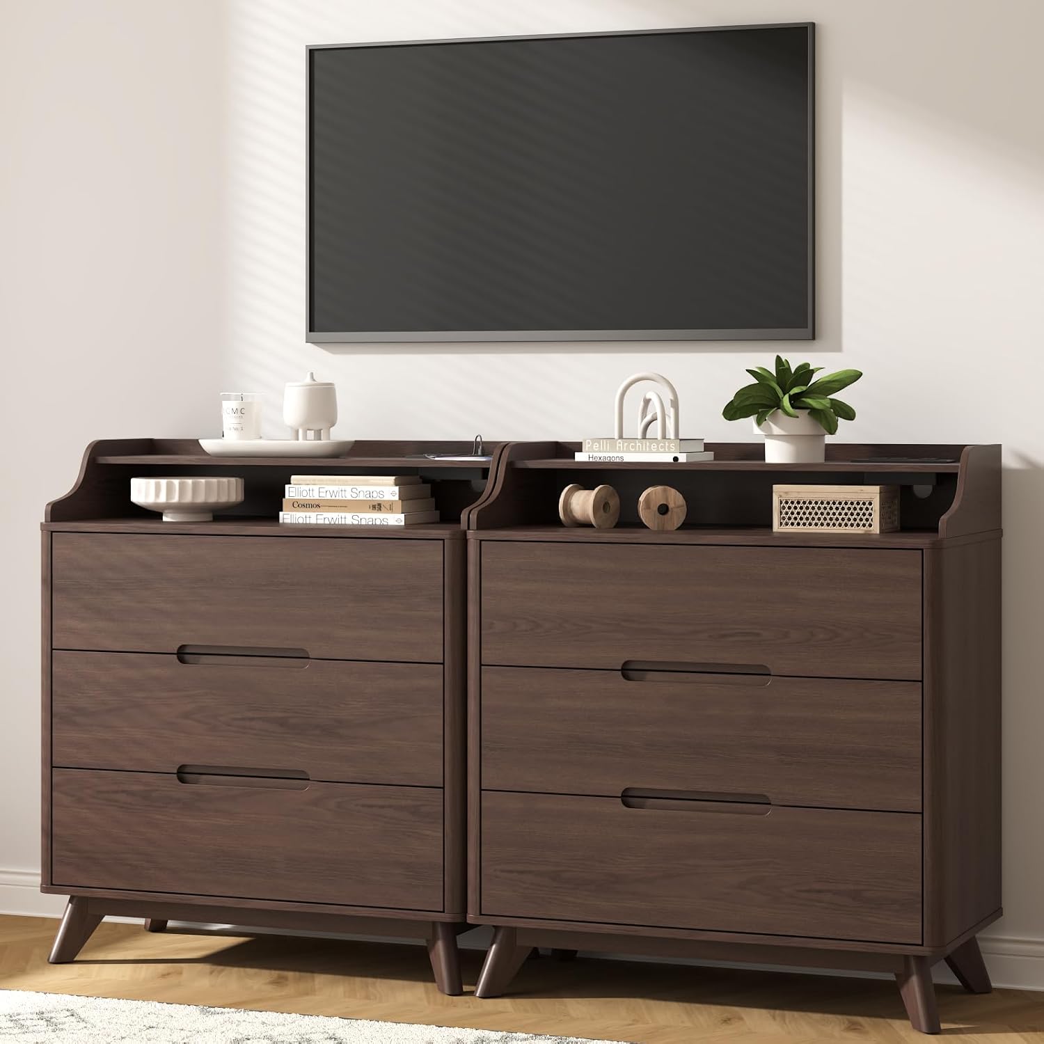 3 Drawer Dressers for Bedroom, 32" Large Wood Storage Dresser & Chest of Drawers with Charging Station, Wide Modern Dressers with 3 Drawer Storage Organizer for Bedroom Living Room Closet Brown - Image 7