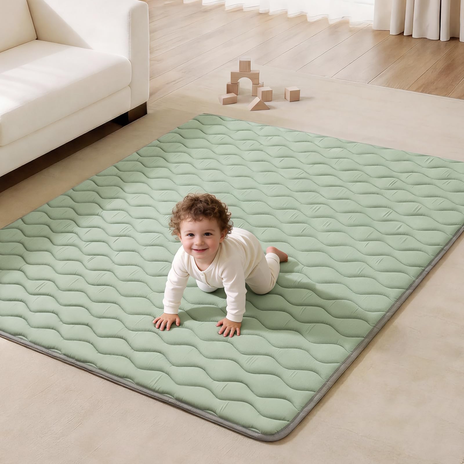Blissful Diary Baby Play Mats for Floor, 71x59 Inch Extra Thicker & Large Soft Cushioning Foam Playmats for Babies and Toddlers, Foldable Washable Baby Crawling Mat for Playpen, Sage Green Sage Green 71" X 59"