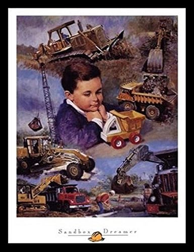 Enmarcado Sandbox Dreamer por Clemente Micarelli 22x 28Póster Little Boy Dreaming de ser un trabajador de construcción jugando con juguete camiones