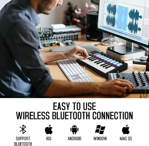 Miniatura 66 de M-WAVE Controlador de teclado MIDI USB de 25 teclas con 8 almohadillas retroiluminadas, teclado dinámico profesional semiponderado Bluetooth, 8