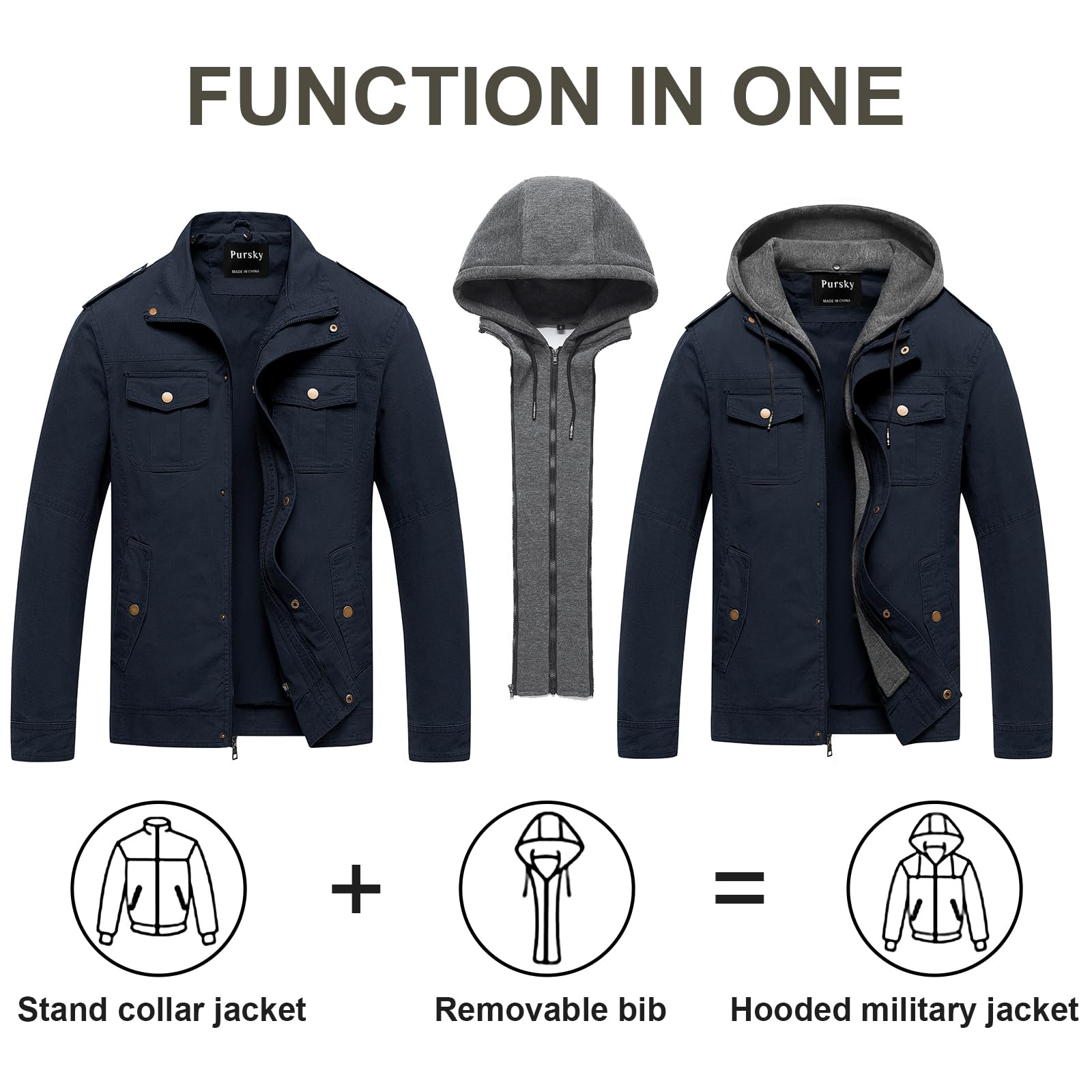 Pursky, Herren Militärjacke aus gewaschenem Baumwoll-Canvas, mit Kapuze, lässige Übergangsjacke für den Herbst