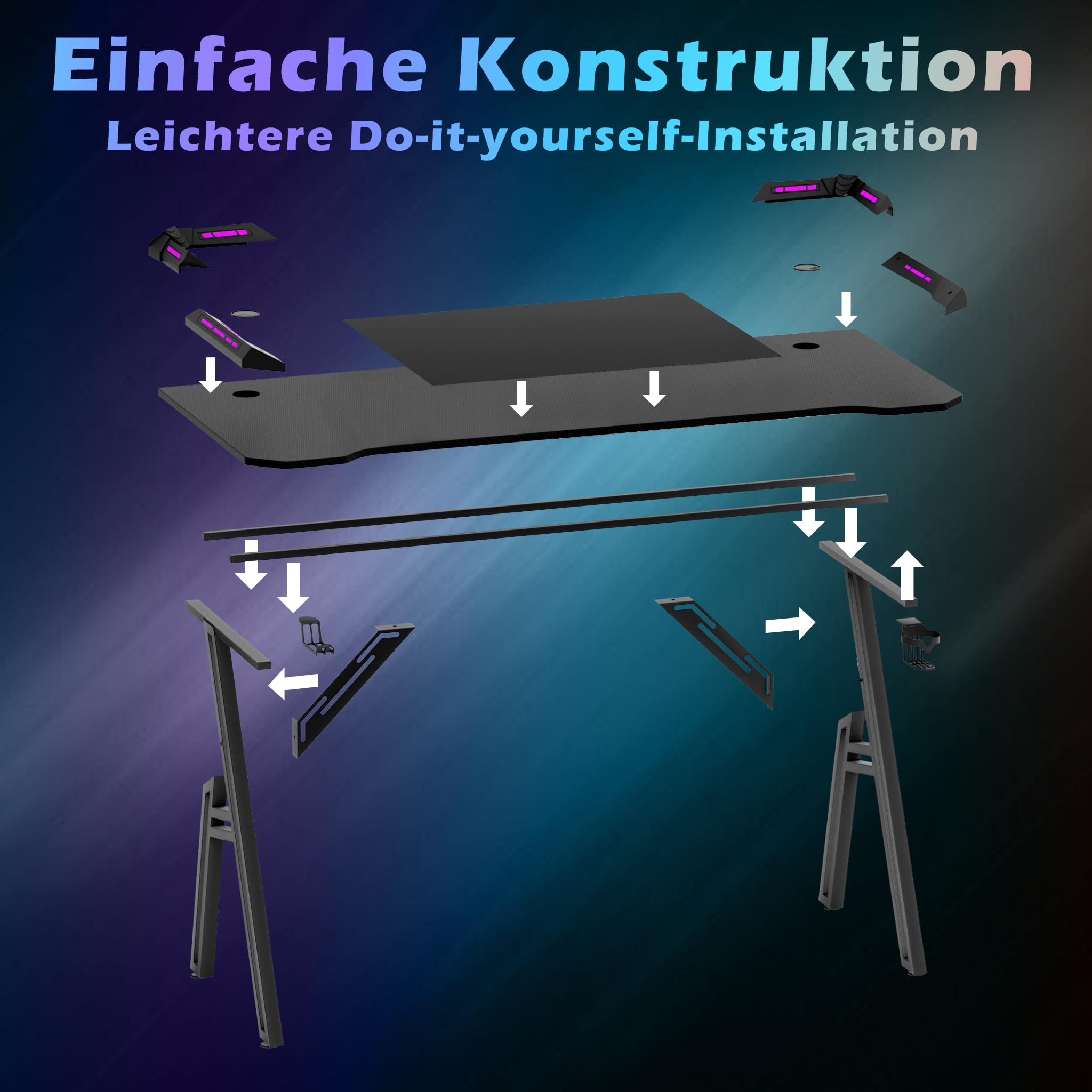 Froadp A-Frame stolik gamingowy, biurko gamingowe, grubość 1,5 cm, płyta MDF i stal, biurko komputerowe z listwą świetlną LED, ergonomiczne, z przestronną powierzchnią roboczą (szerokość 140 cm)