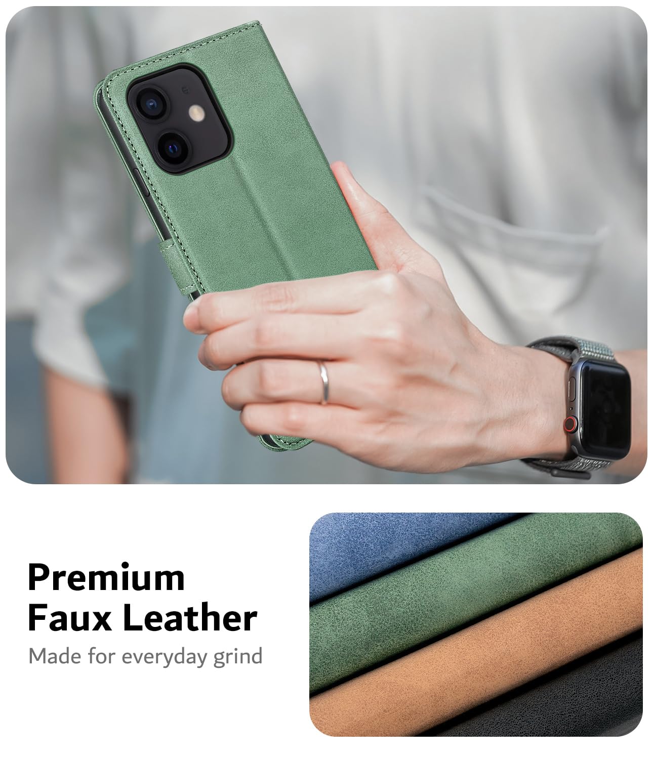 Etui do iPhone 12 / iPhone 12 Pro, Premium Ochronne Etui ze skóry PU, [Rzędy na karty] [Funkcja wsparcia] Magnetyczne zamknięcie etui do iPhone'a 12/12 Pro, zielone