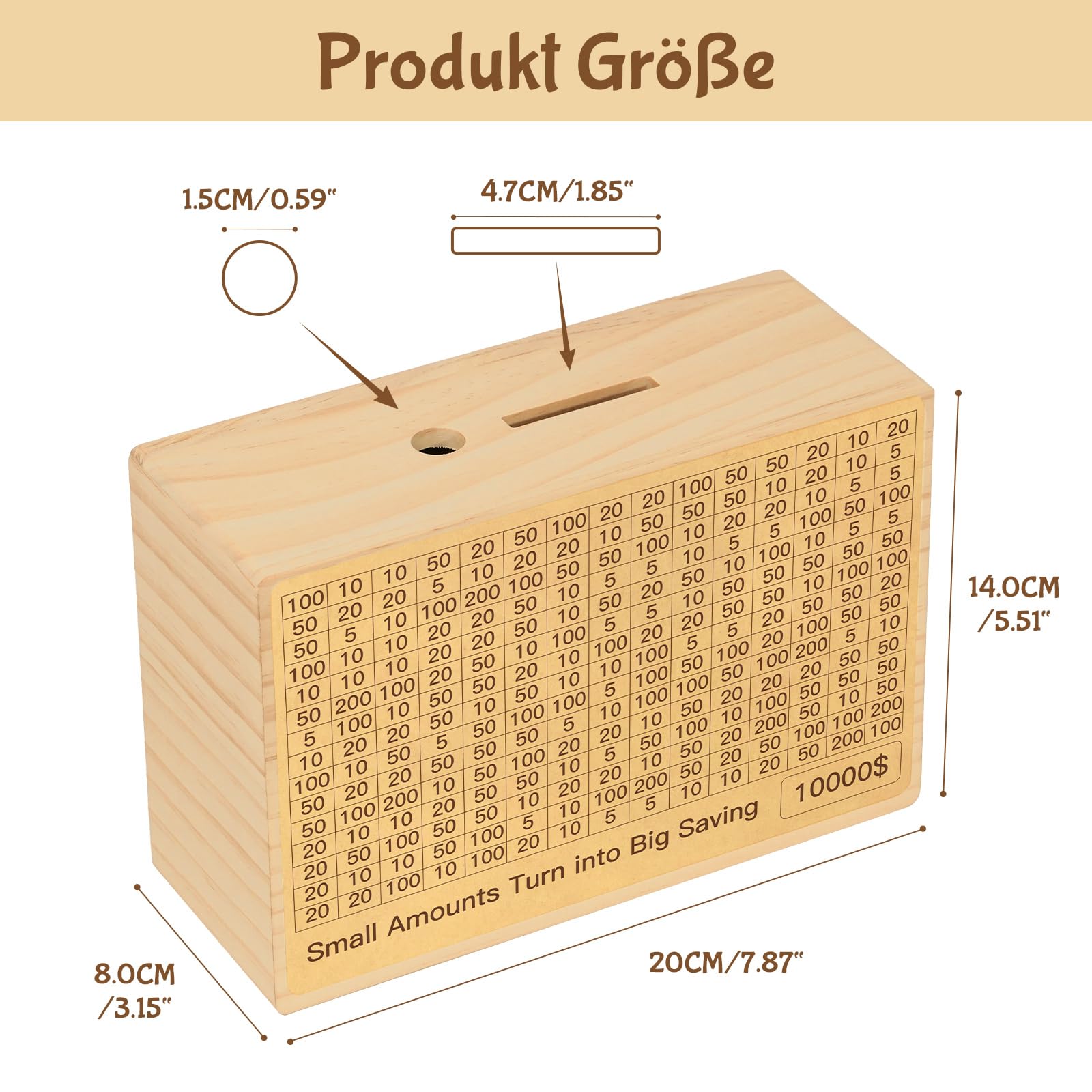 Bemaystar Spardose Holz, Großformatige Spardose Erwachsene für Kinder - Sparbox mit Zähler & Sparzielen für Münzen & Scheine - Ohne Montage Nötig (4 Sparziele von €1000 bis €10000)