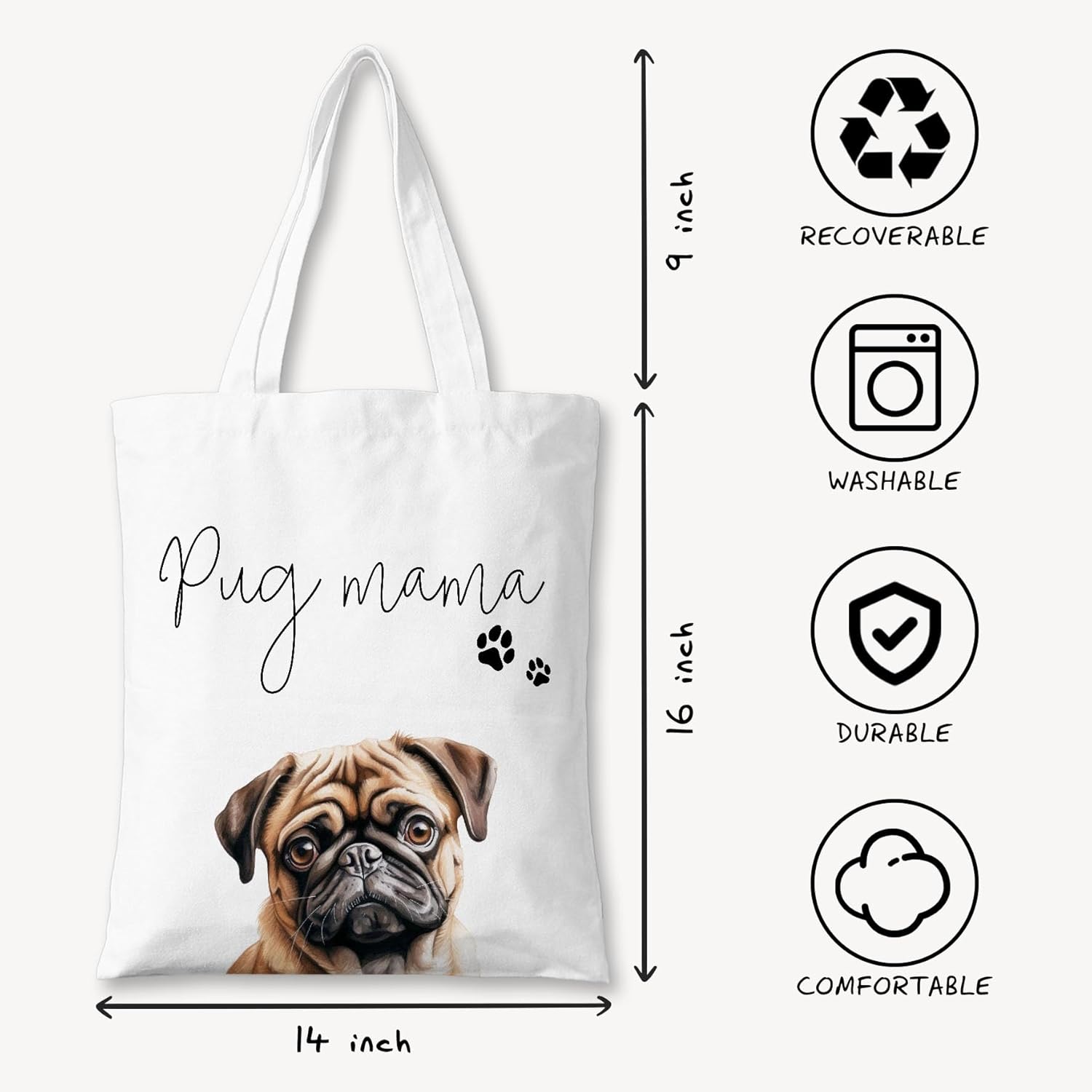 Pug Mama Canvas Tote Bag for Women, Dogs Lover Gift for Dog Mom, Birthday Christmas Cute Pug Gifts For Women, Tote Bag for Work College Travel. (091) - Image 4