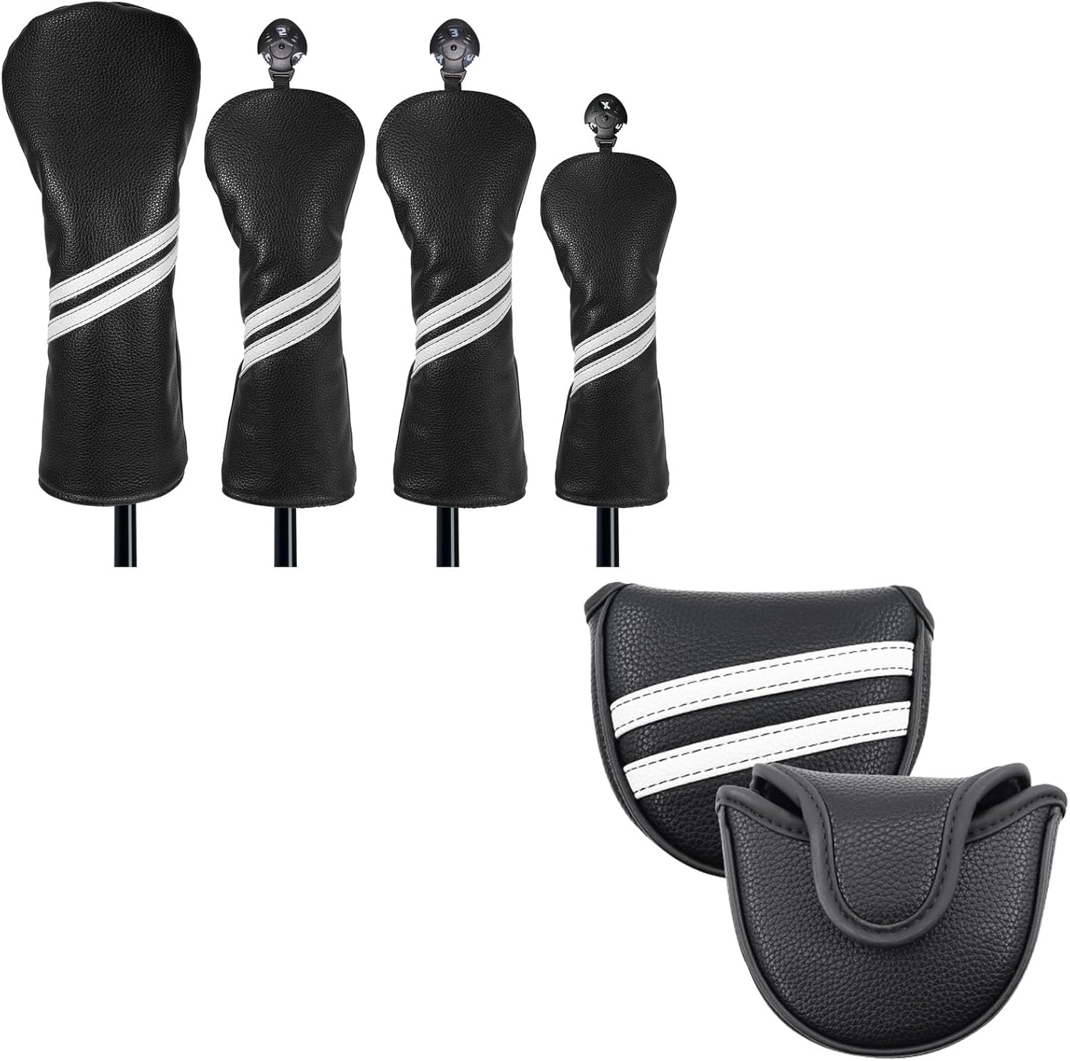 PU Leather Golf Club Head Covers for Driver, Fairway, Hybrid & Putter with Rotating Tags – Black & White Stripes, Golf Club