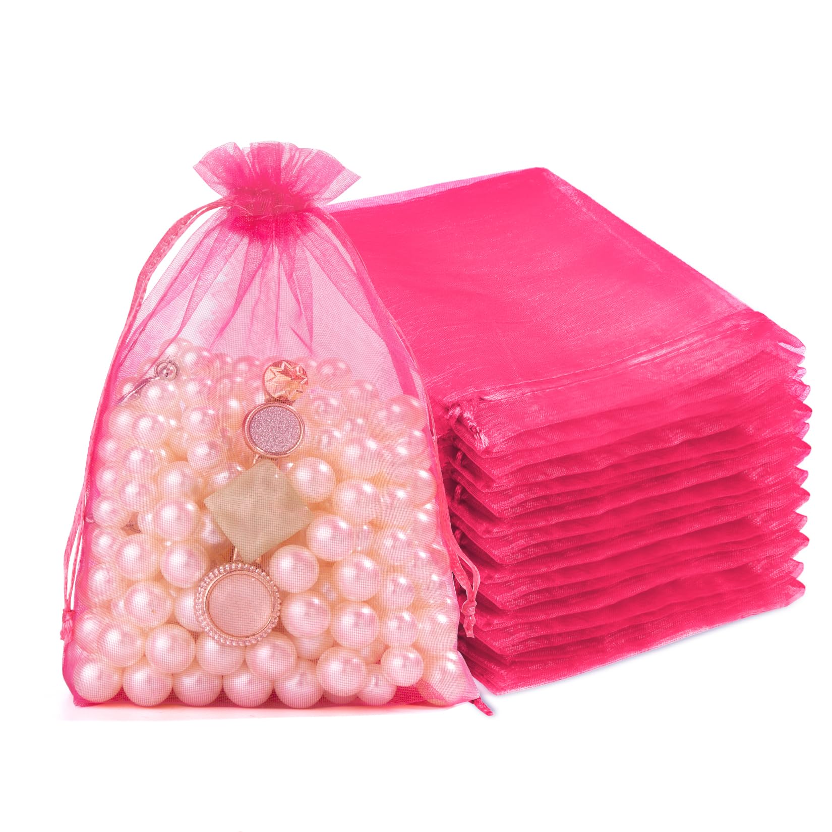 Crweety 50 Pcs Organza Bags 4x6, Hot Pink Small Mesh Gift Bags Drawstring