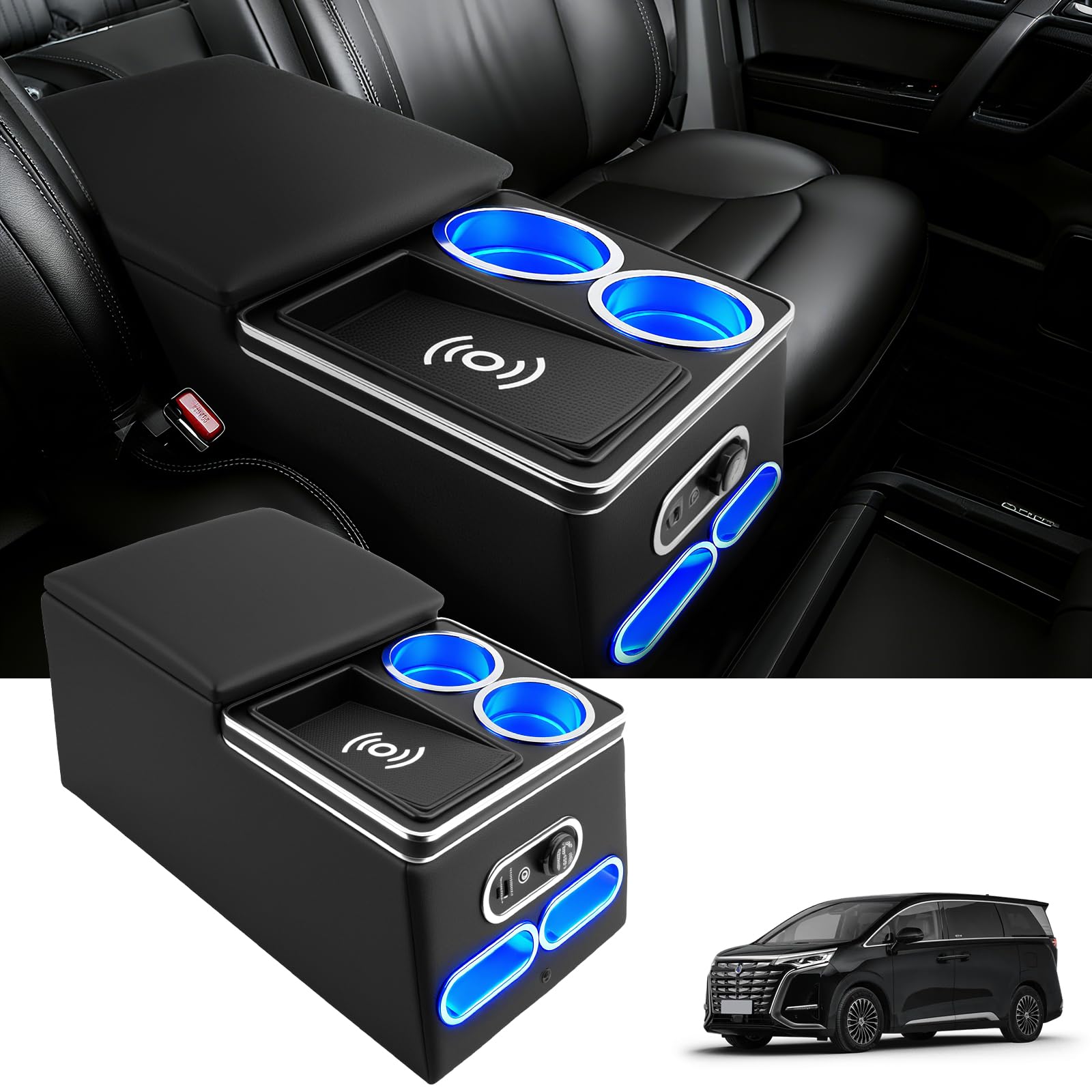 Mittelkonsole mit Ablagen Staufach, Universal Fit Armlehnen Box | Mittelkonsole Auto mit Kabellosem Induktivem Laden, USB und LED-Licht Zubehör, Für Die Meisten Limousinen SUV Pick-up-Truck