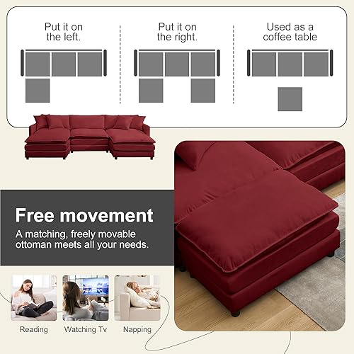 Miniatura 40 de Sofá modular modular de pana de 108.27 pulgadas para sala de estar con 3 asientos, 1 otomana y 3 almohadas, cómodos sofás de nube con otomana móvil,