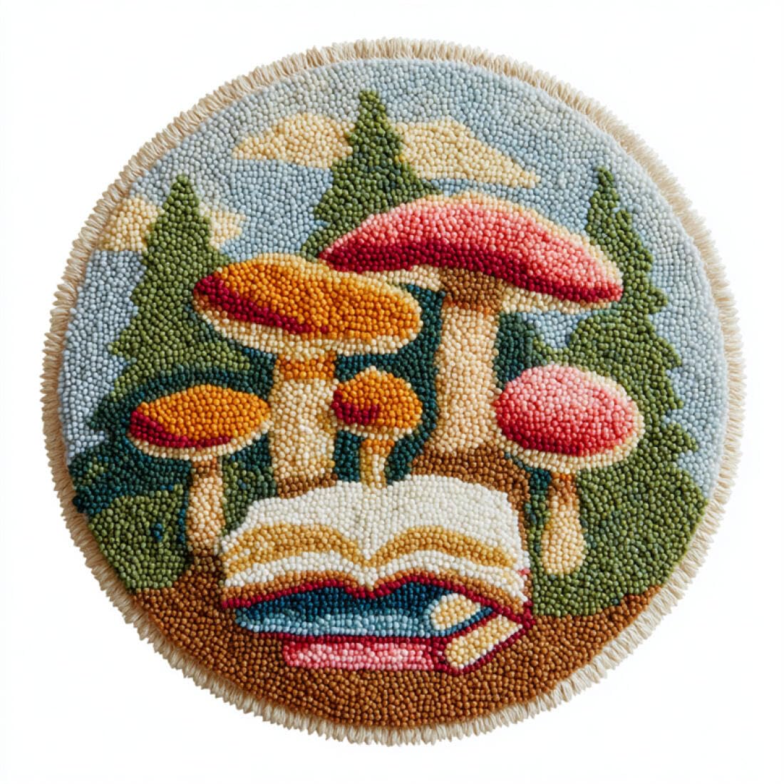 Rqwybcaxn DIY Latch Hook Rug Making Kits for Teens Crochet Hooks Set Cartoon Mushrooms and Books 80x80cm Round Large Rug Making Kits Study Handmade Gift