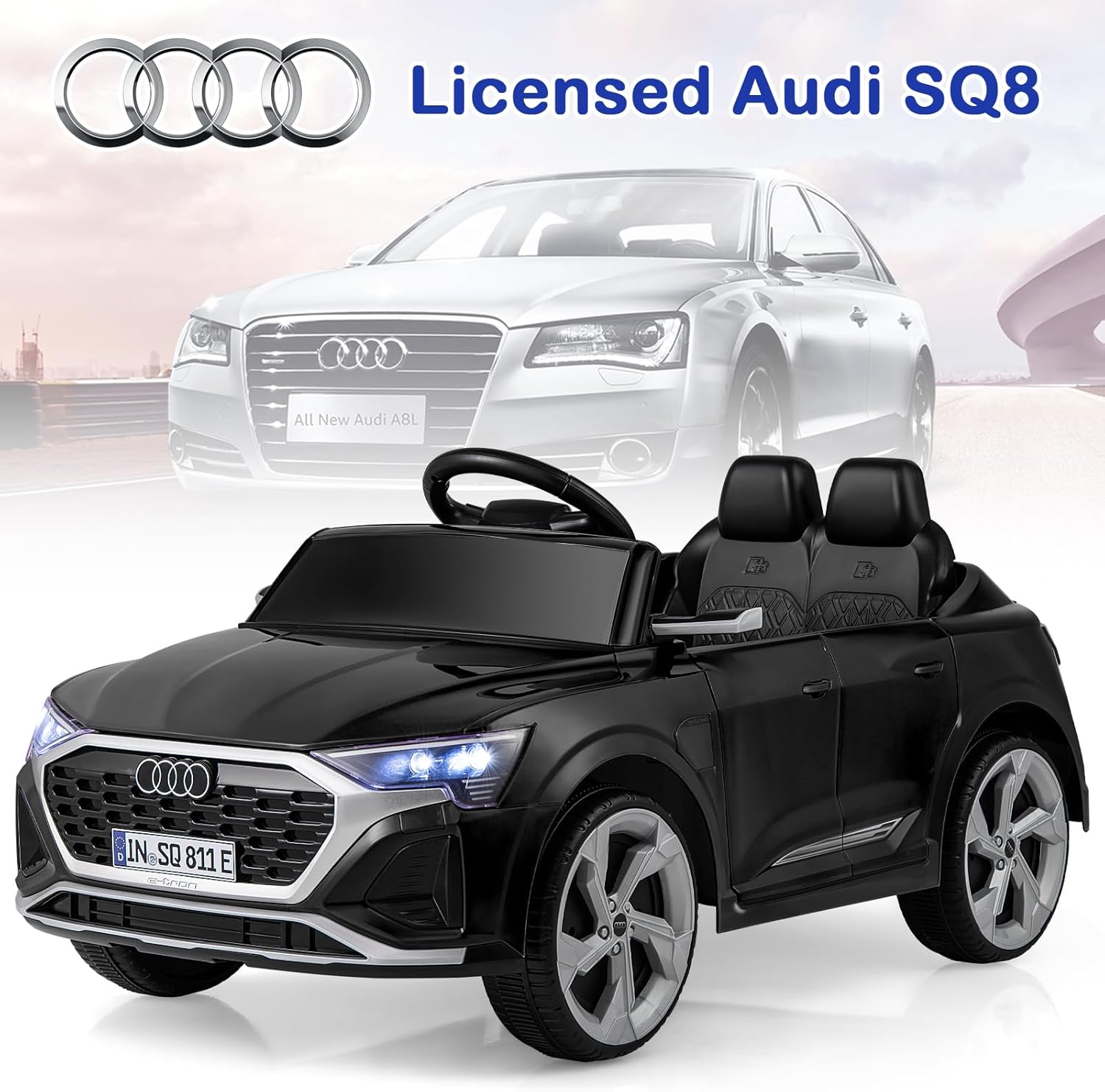 Licensed Audi SQ8 Ride on Car by OLAKIDS, 12V Kids Electric Vehicle with Remote Control, Toddlers Battery Powered Toy with 3 Speeds, Wheels Suspension, Music (Dark)