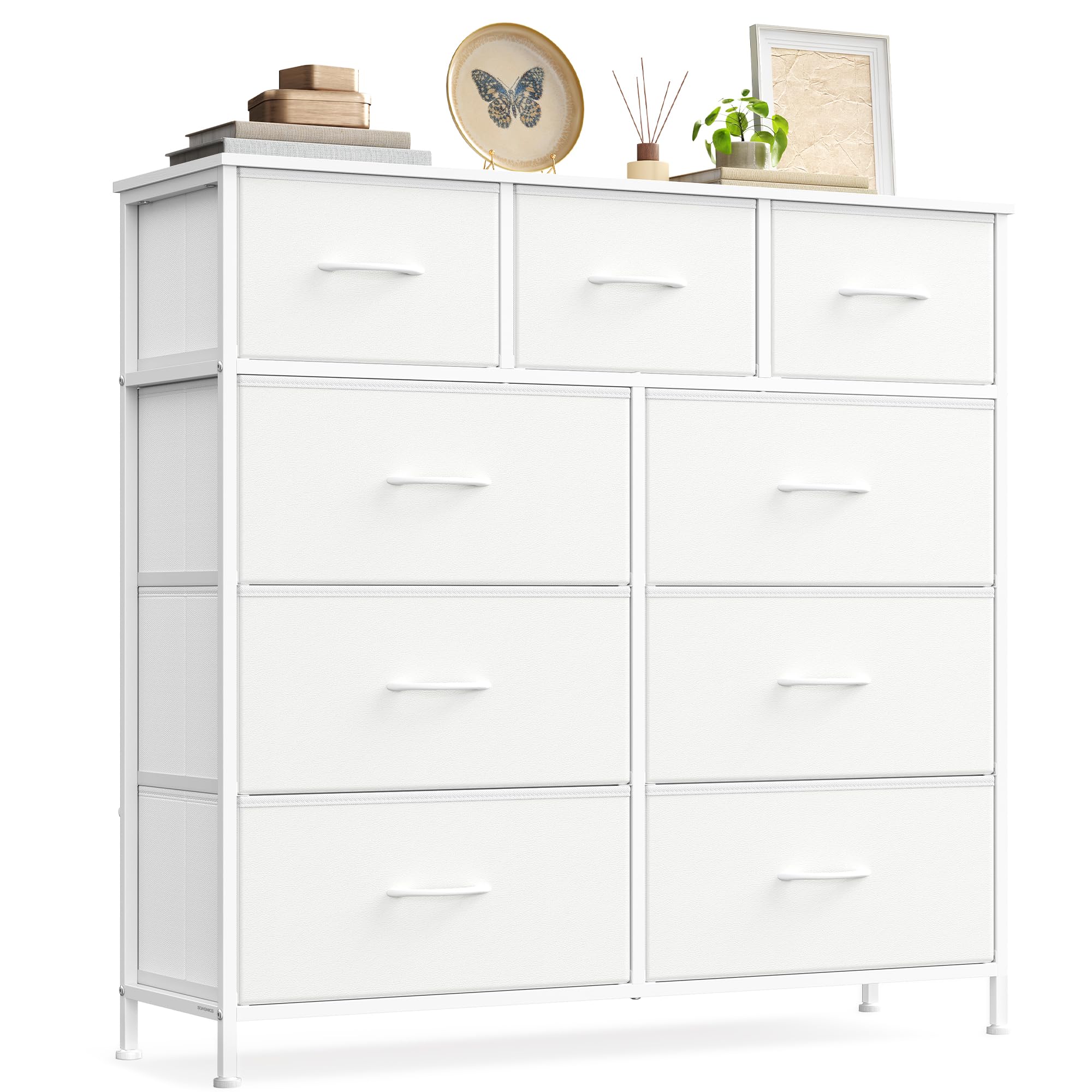 SONGMICS Kommode, Schrank, 9 Stoffschubladen, Aufbewahrungsschrank, Stahl, MDF, Vliesstoff, für Schlafzimmer, Flur, Wohnzimmer, wolkenweiß-schneeweiß LGS324WH01