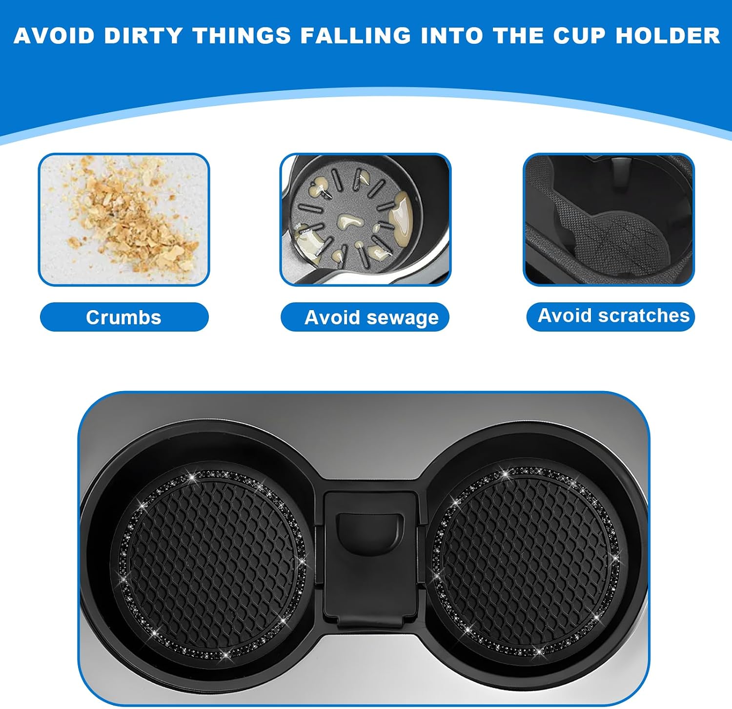 2PCS Bling Car Cup Coaster, Sparkly Vehicle Cup Holder Insert Coaster Nonslip Water Bottle Pad, Shockproof Rhinestone Drink Pad Interior Decoration for Cars Trucks SUVs (Black & Black) thumbnail