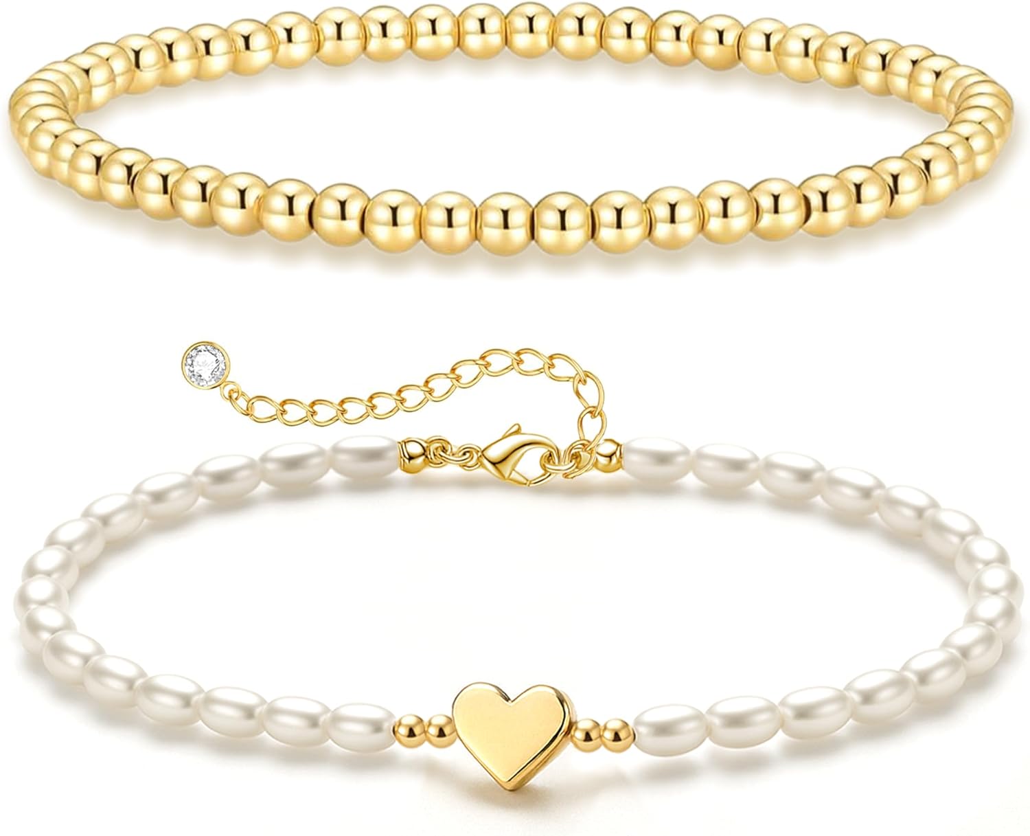 Zeffy Gold Pearl Beaded Bracelet for Women, 14K Gold Plated Jewelry Set With Paperclip Link Chain, Trendy Stack Bracelets