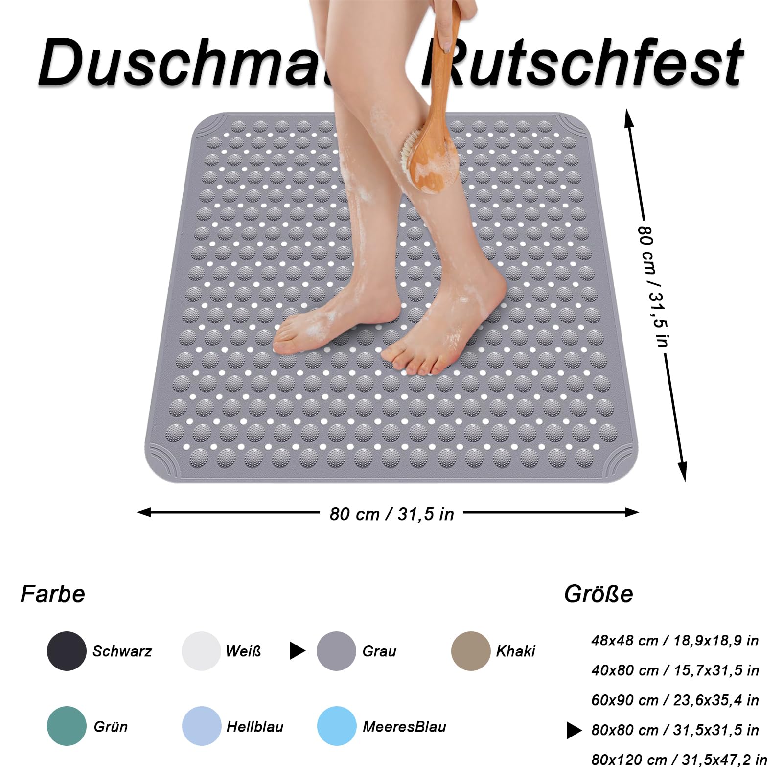 Mata pod prysznic, 80 x 80 cm mata antypoślizgowa z przyssawkami z otworami odpływowymi, mata antypoślizgowa z PCW, mata do kąpieli rutschfest, prostokątna podkładka pod prysznic rutschfest kwadratowa