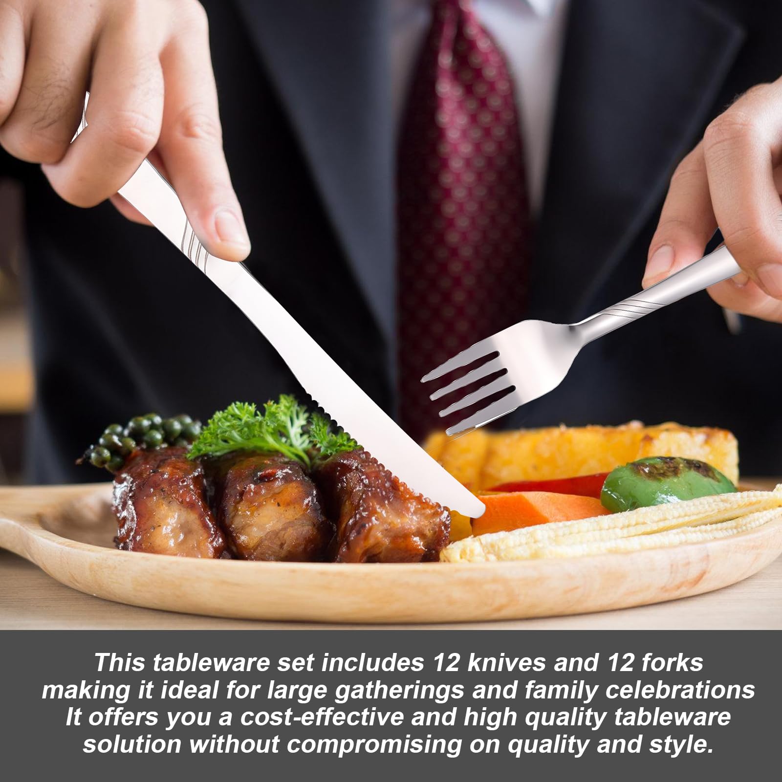 Coltelli e forchette da bistecca in acciaio inossidabile: set di posate da bistecca lucidate a specchio con 12 coltelli e 12 forchette, set di Coltello e Forchetta per casa, ristorante(argento)