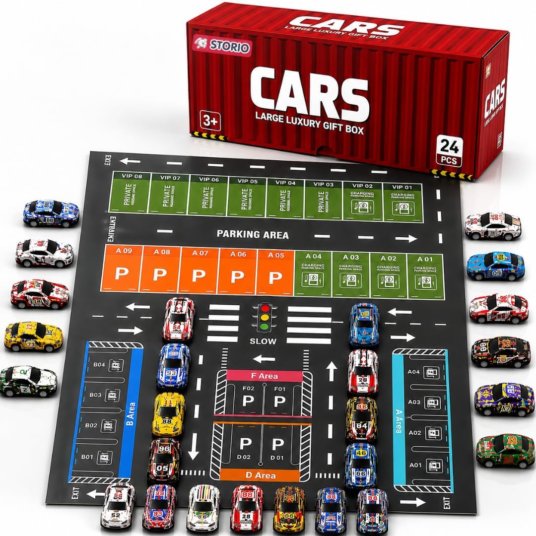 Storio 24 Pull Back Toy Cars Set for Kids with Storage Container & Play Mat, Die Cast Metal Mini Race Cars, Car Carrier Organizer Box, Party Favors for Boys Girls Age 3-8 Years