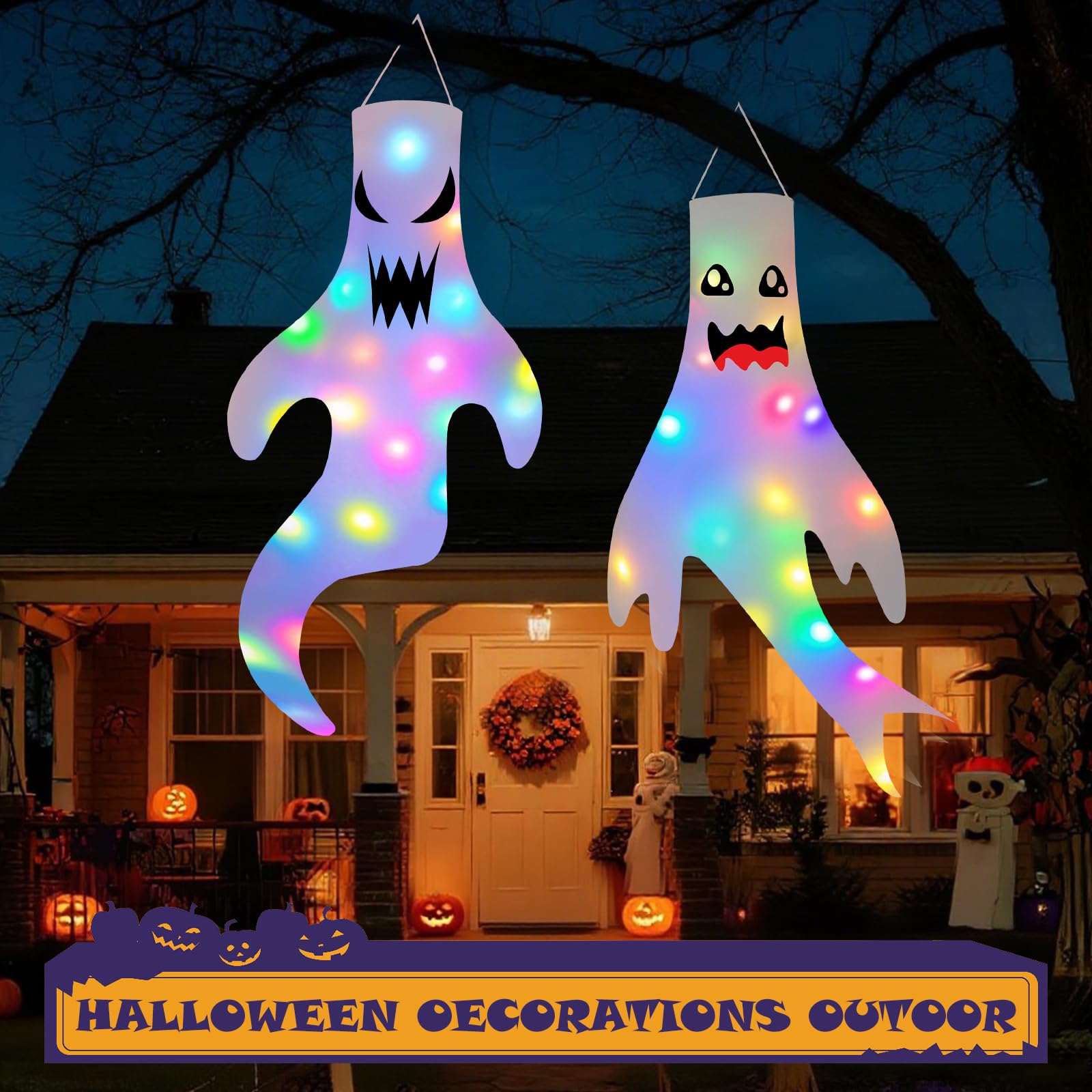 2 Pezzi Decorazione Halloween, Fantasma Manica a Vento con Luci LED, Ghost Windsock per Esterni, Giardino, Cortile, Patio, Casa