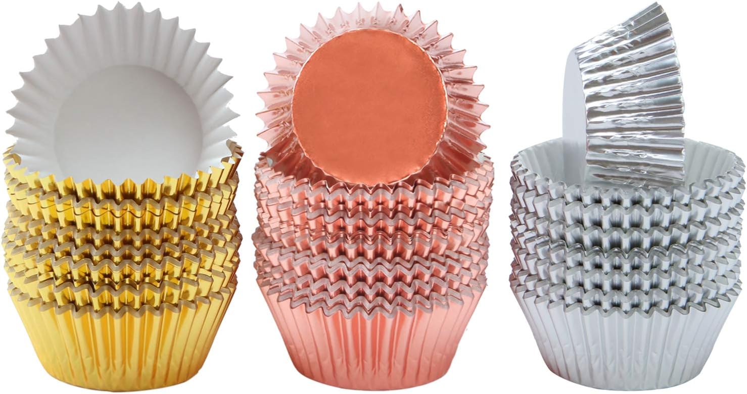 Elcoho 300 Pieces Foil Metallic Cupcake Liners Muffin Paper Cases Baking Cups, Gold, Silver and Rose Gold, 2-Inch