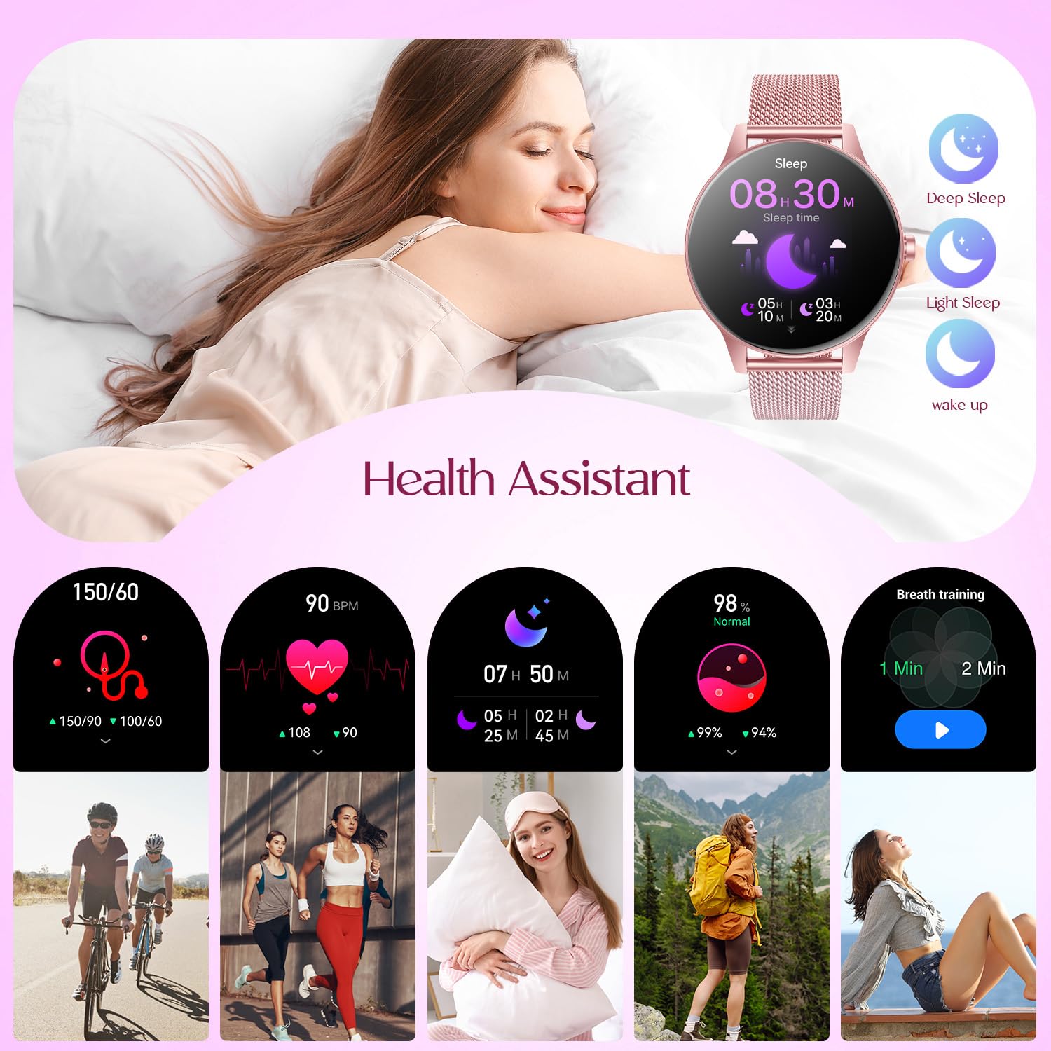 Smartwatch Donna Orologio Chiamate Bluetooth: 1,27" Tondo Touch Orologi Smart Watch da Impermeabile Sport Fitness Contapassi Cardiofrequenzimetro Pressione Caloriec Rosa Polso per Android iOS Telefono