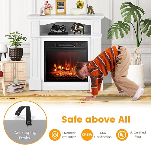 Miniatura 8 de Tangkula Chimenea eléctrica, caja de fuego envolvente de madera independiente con calentador de chimenea de 1400 W, control remoto, termostato,